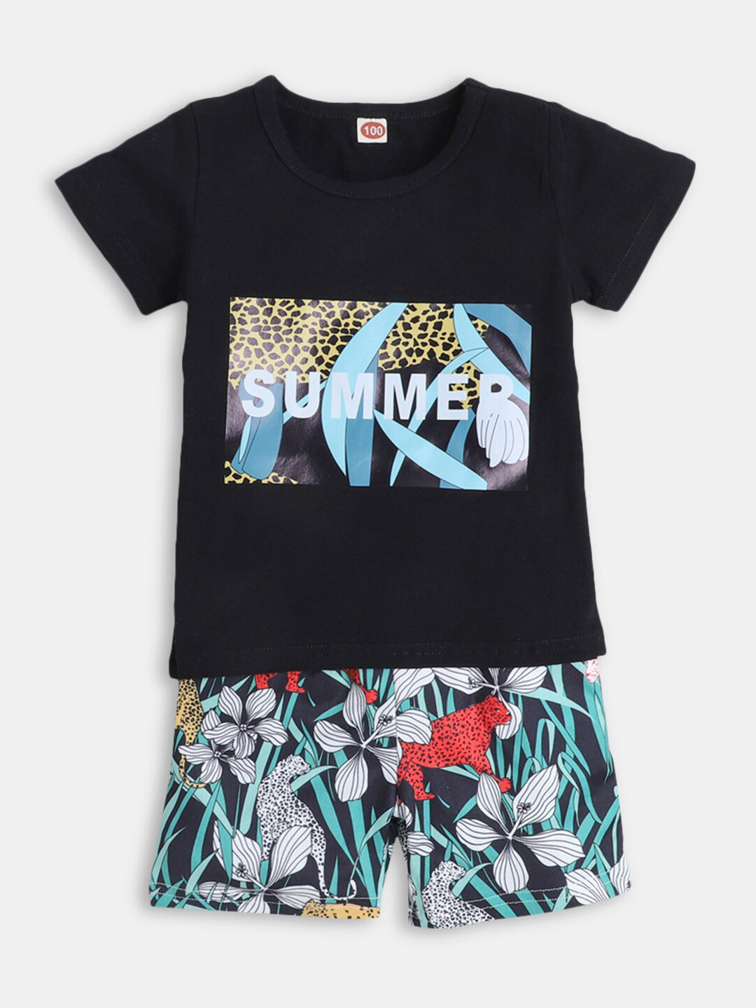 

Hopscotch Boys Black & White Printed Pure Cotton T-shirt with Shorts Set