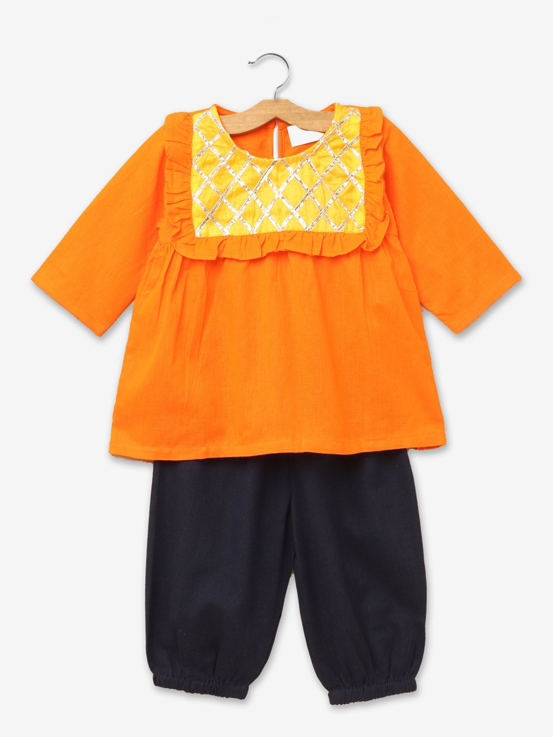 

Hopscotch Girls Orange Yoke Design Gotta Patti Pure Cotton Kurta with Patiala