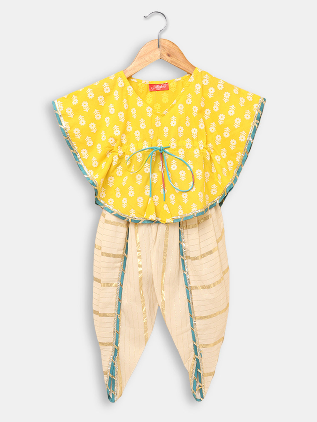 

Hopscotch Girls Yellow & Beige Printed Pure Cotton Top with Dhoti Pants