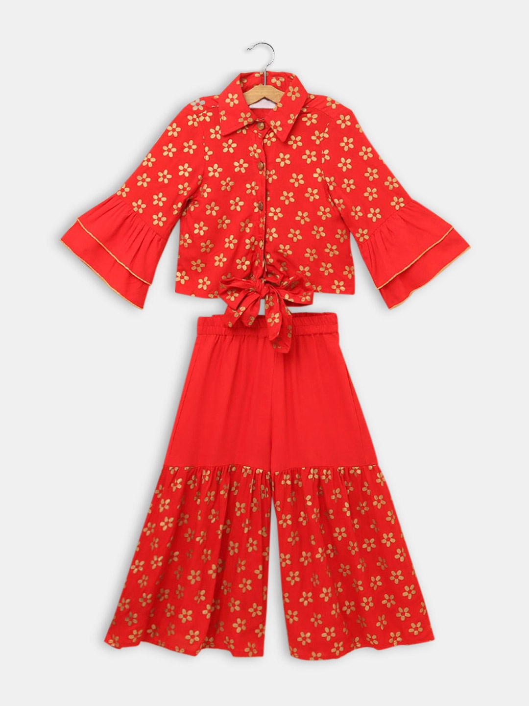 

Hopscotch Girls Red Floral Printed Pure Cotton Kurta with Sharara
