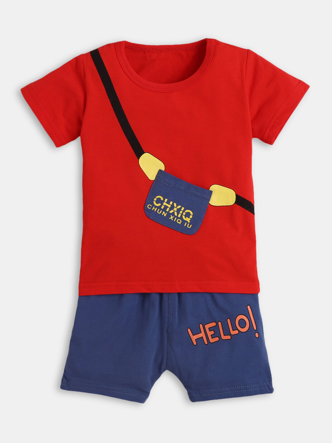 

Hopscotch Boys Red & Navy Blue Pure Cotton Printed T-shirt with Shorts
