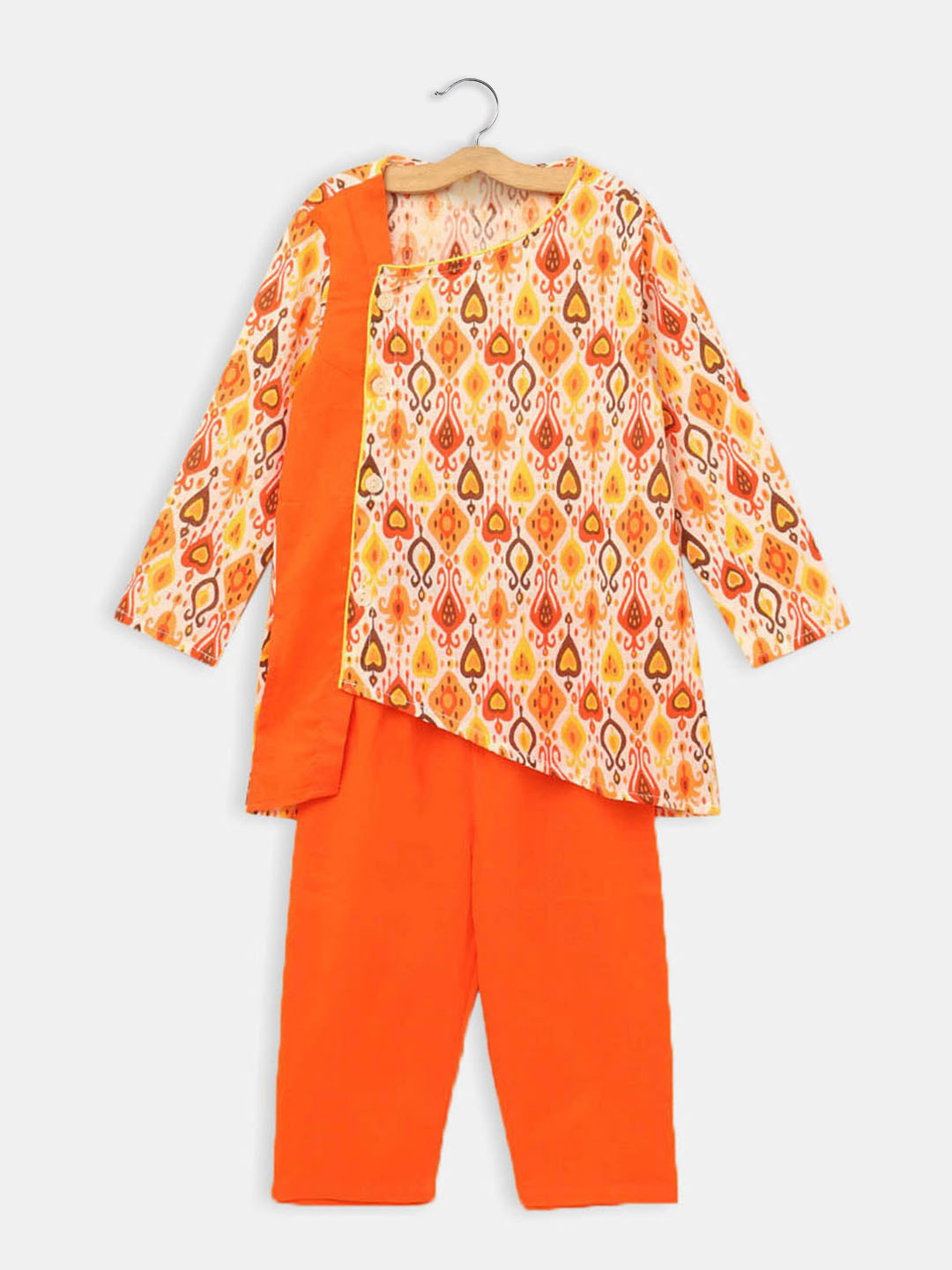 

Hopscotch Boys Orange Ethnic Motifs Printed Pure Cotton Kurta with Trousers