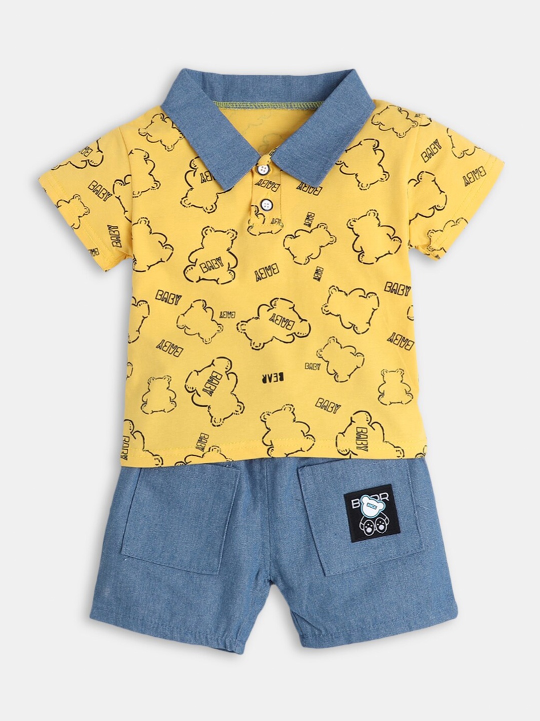 

Hopscotch Boys Yellow & Blue Printed Cotton T-shirt with Shorts