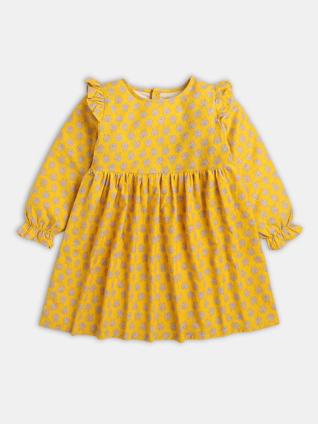 

Hopscotch Girls Yellow & Grey Printed Cotton A-Line Dress