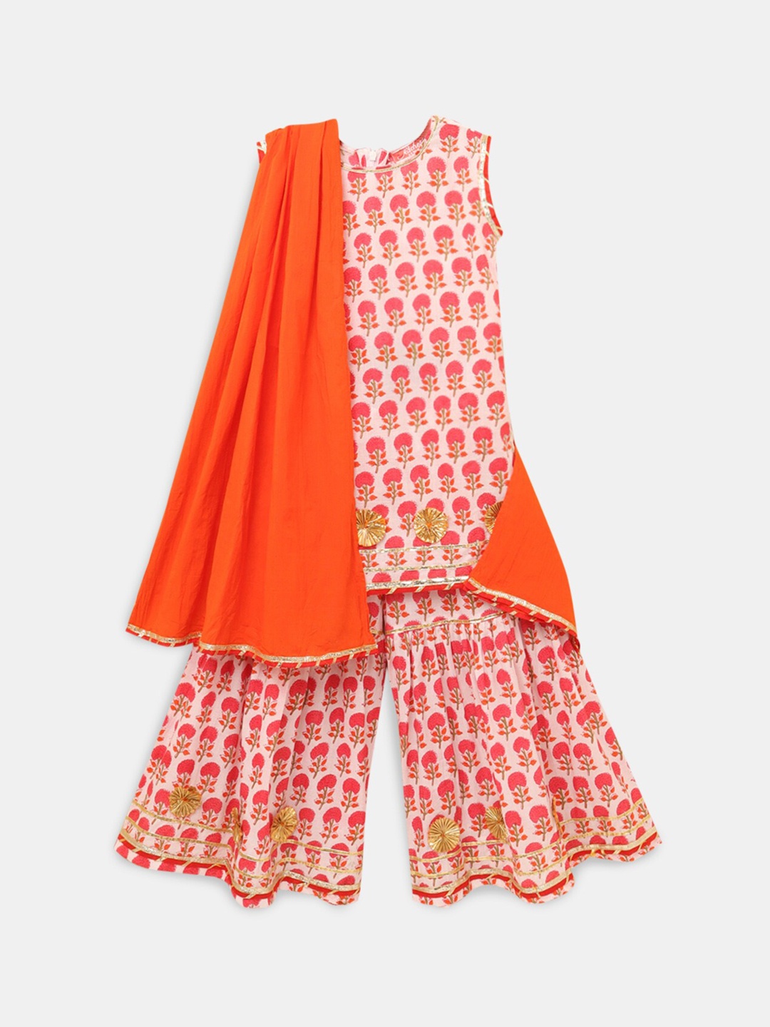 

Hopscotch Girls Orange Floral Printed Pure Cotton Kurta with Sharara