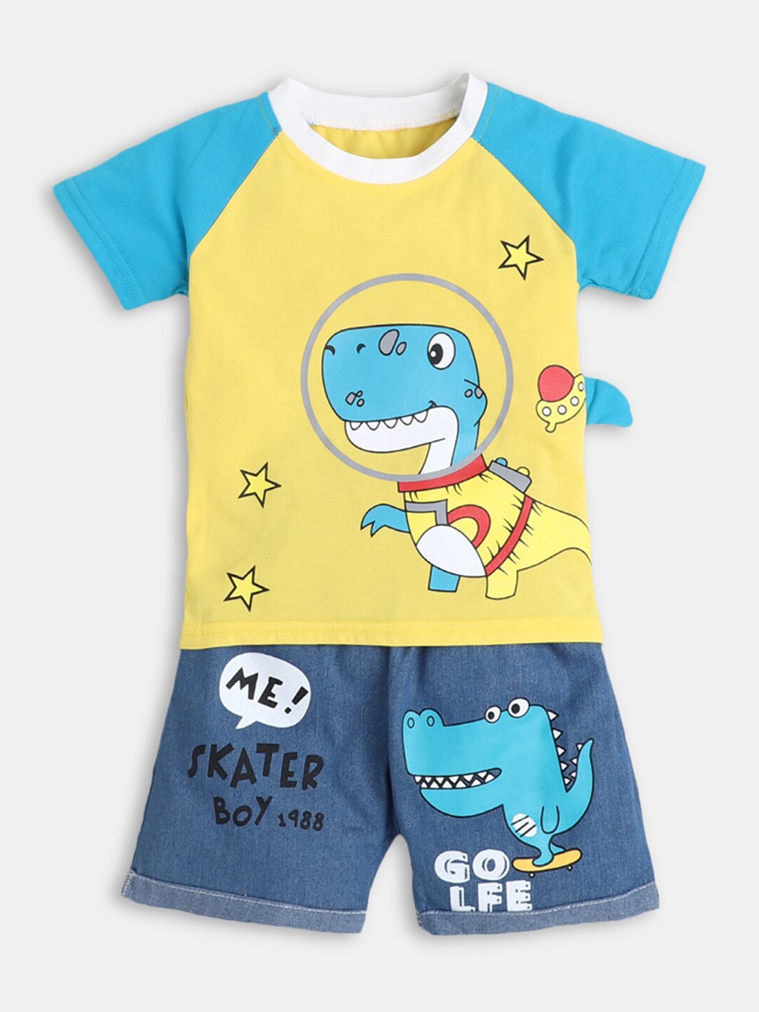 

Hopscotch Boys Yellow & Blue Printed T-shirt with Shorts