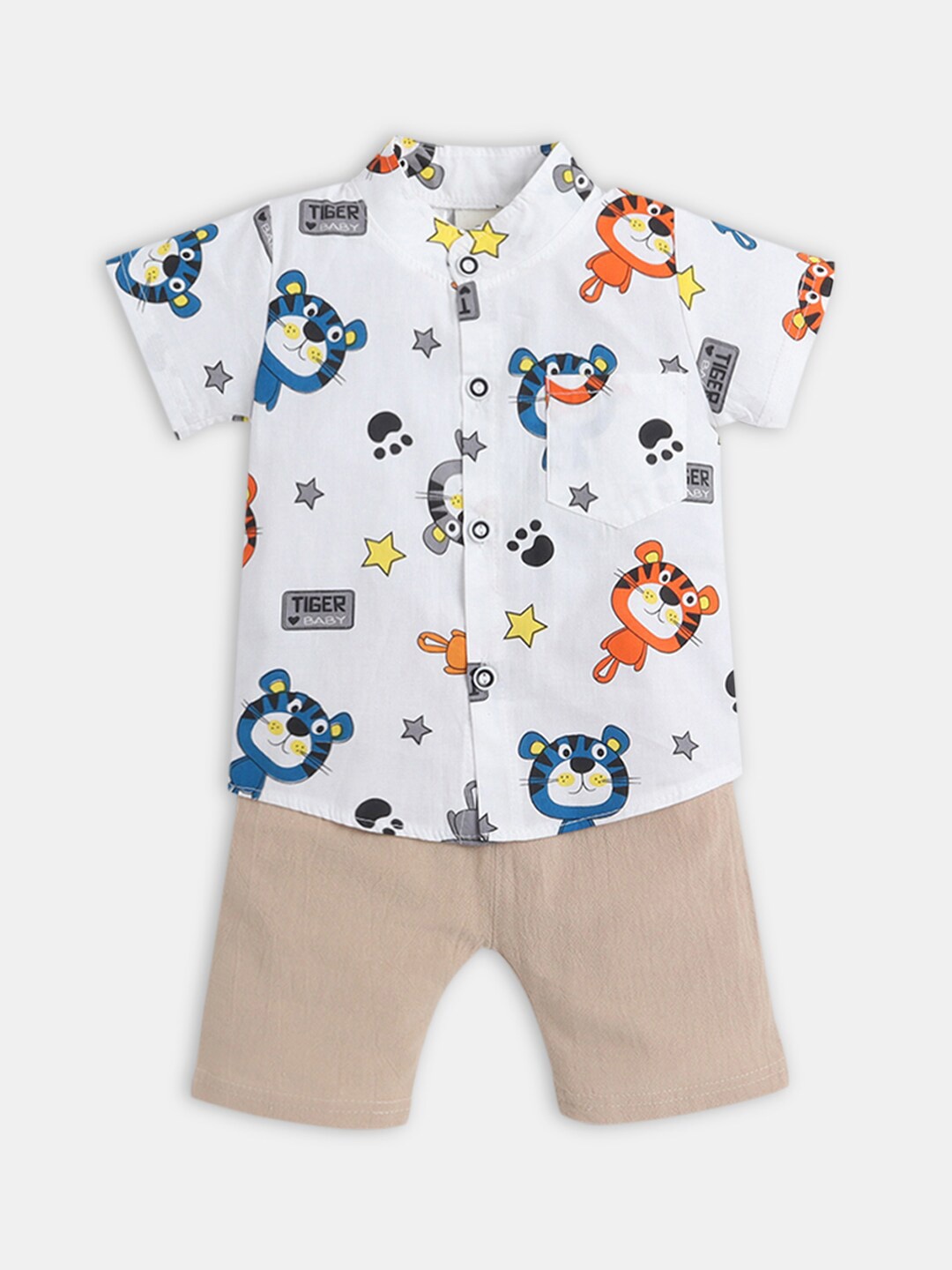 

Hopscotch Boys White & Beige Printed Cotton Shirt with Shorts