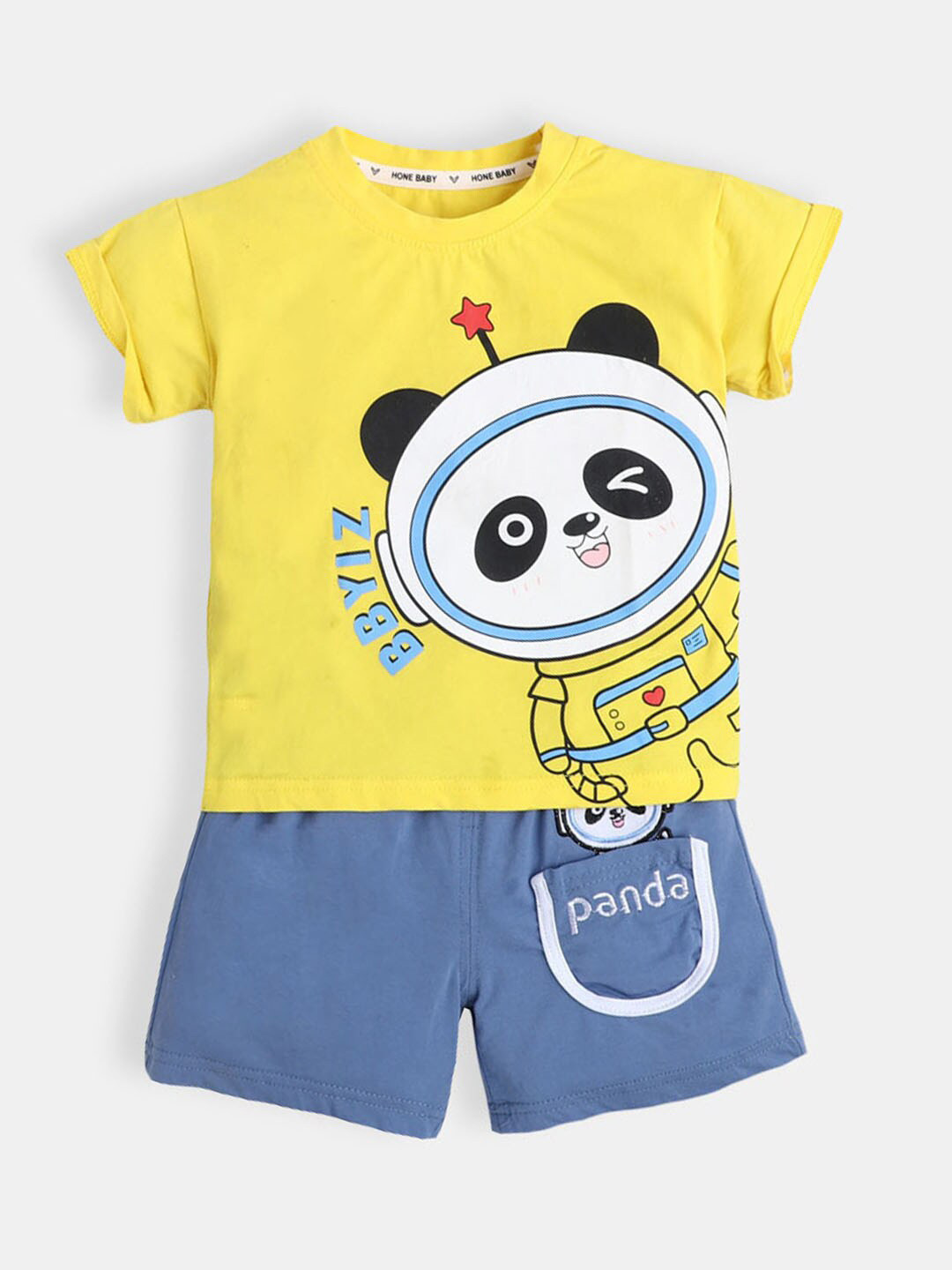 

Hopscotch Boys Yellow & Blue Cotton Printed T-shirt with Shorts