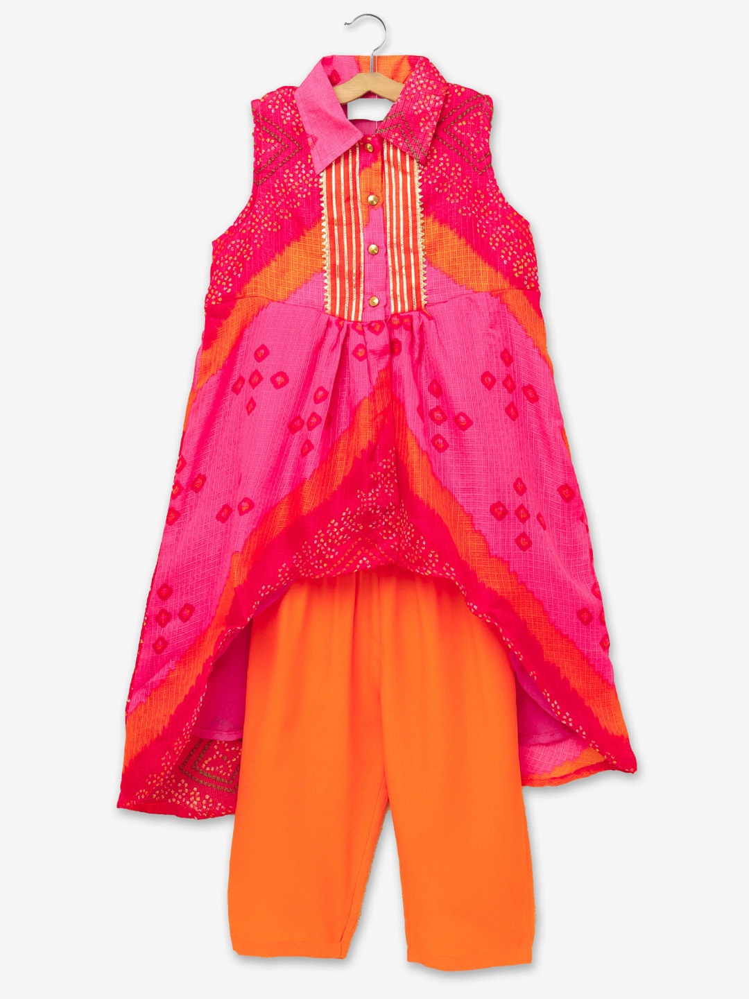 

Hopscotch Girls Pink Bandhani Printed Kurta with Salwar