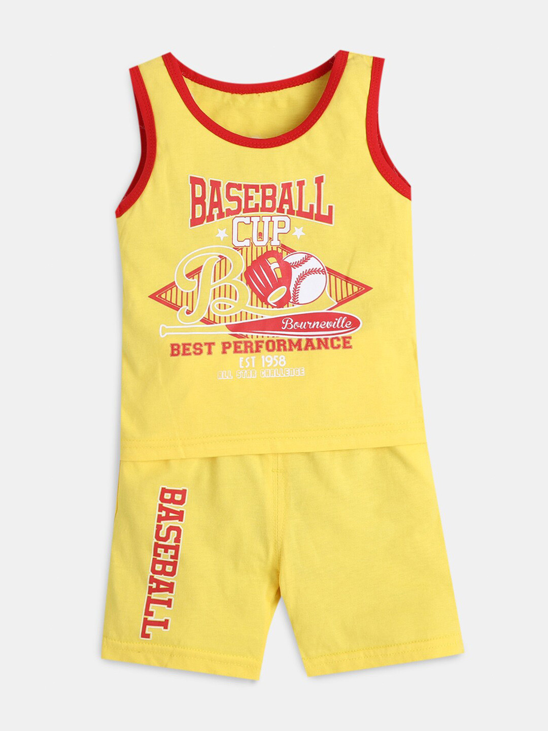 

Hopscotch Boys Yellow & Red Printed Cotton T-shirt with Shorts
