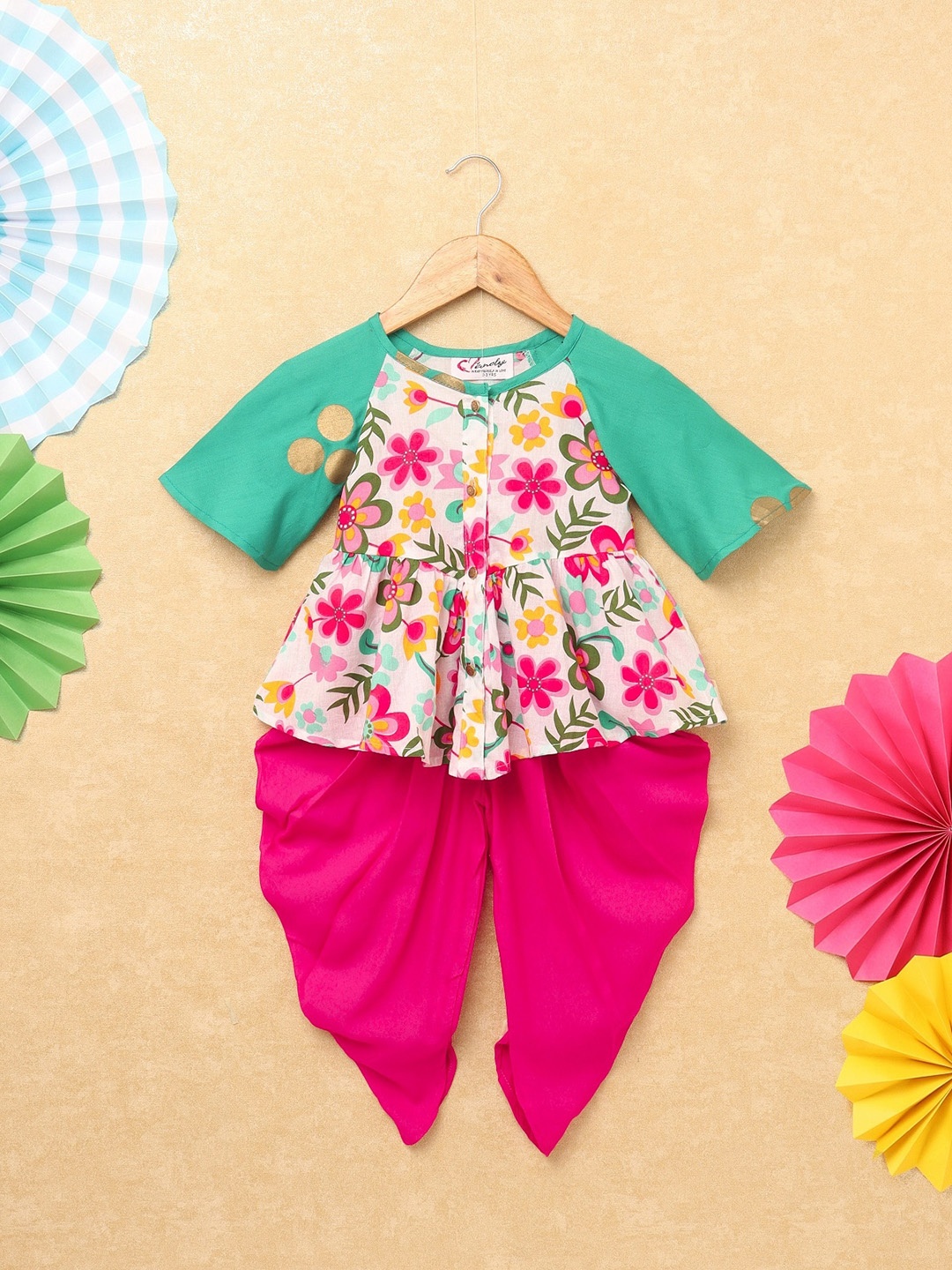 

Hopscotch Girls Pink Floral Printed Pure Cotton Kurta with Dhoti Pants