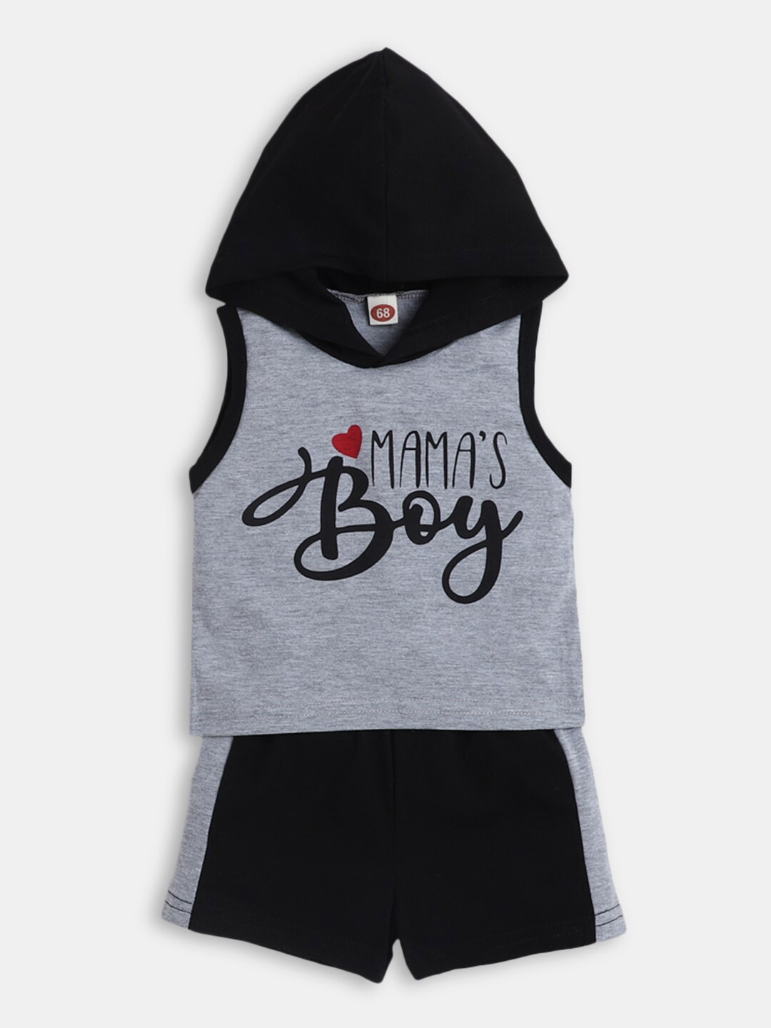 

Hopscotch Boys Grey & Black Printed Pure Cotton Hooded T-shirt with Shorts Set