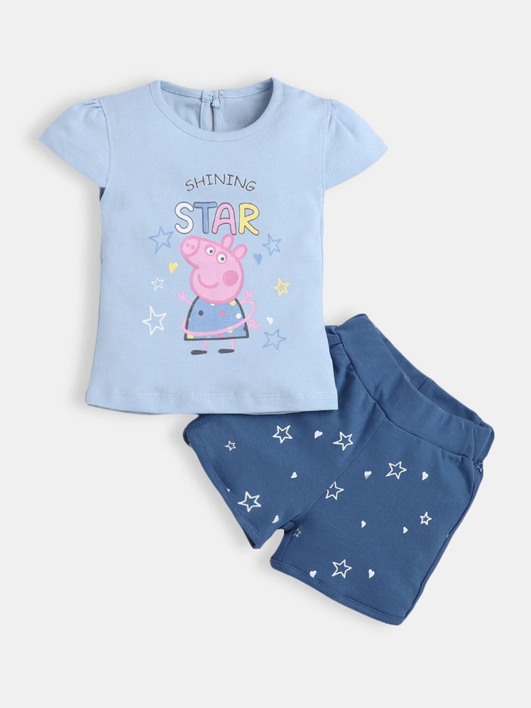 

Hopscotch Girls Blue & White Printed Pure Cotton Top with Shorts