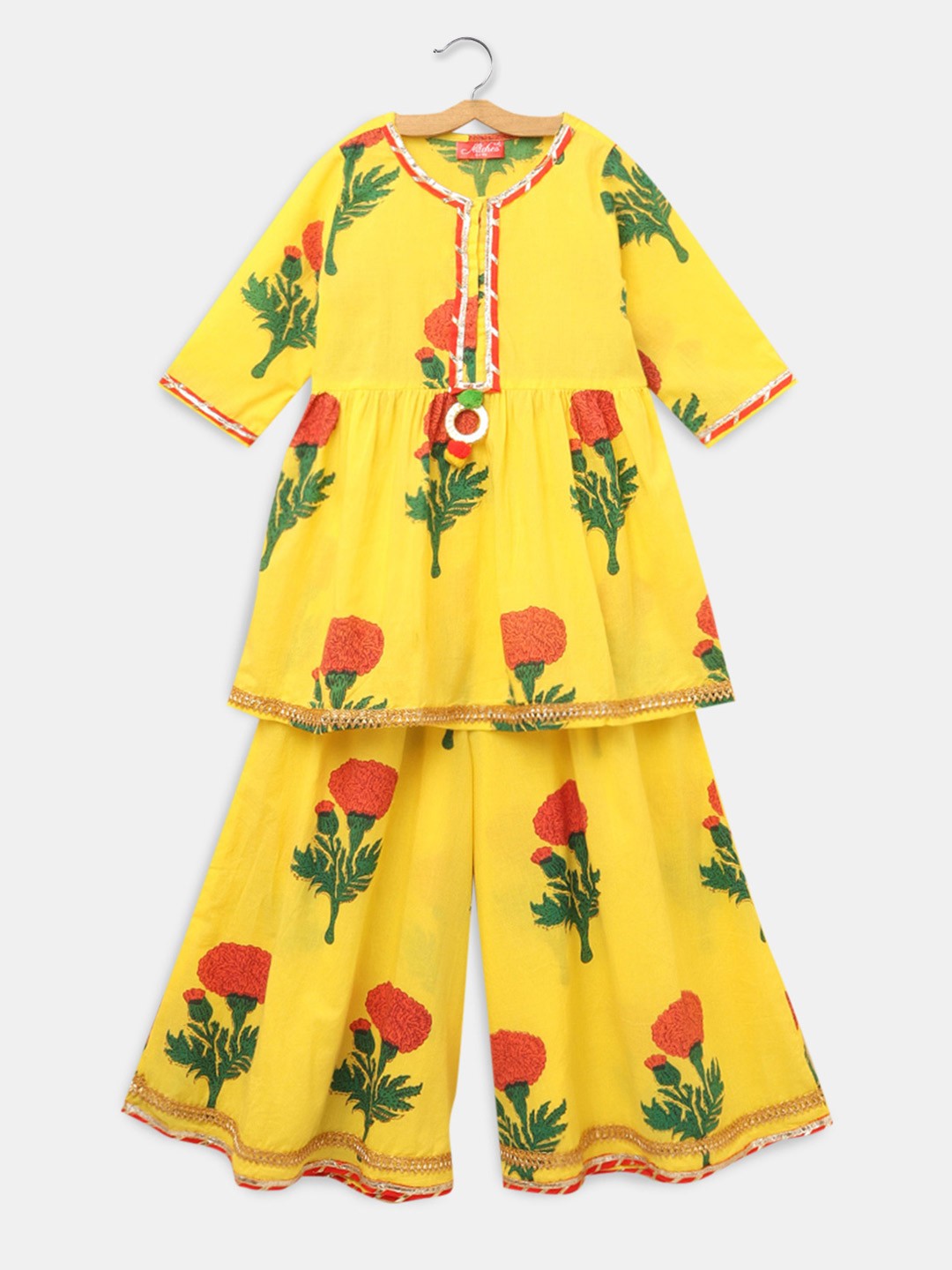 

Hopscotch Girls Yellow Floral Printed Anarkali Pure Cotton Kurta with Sharara