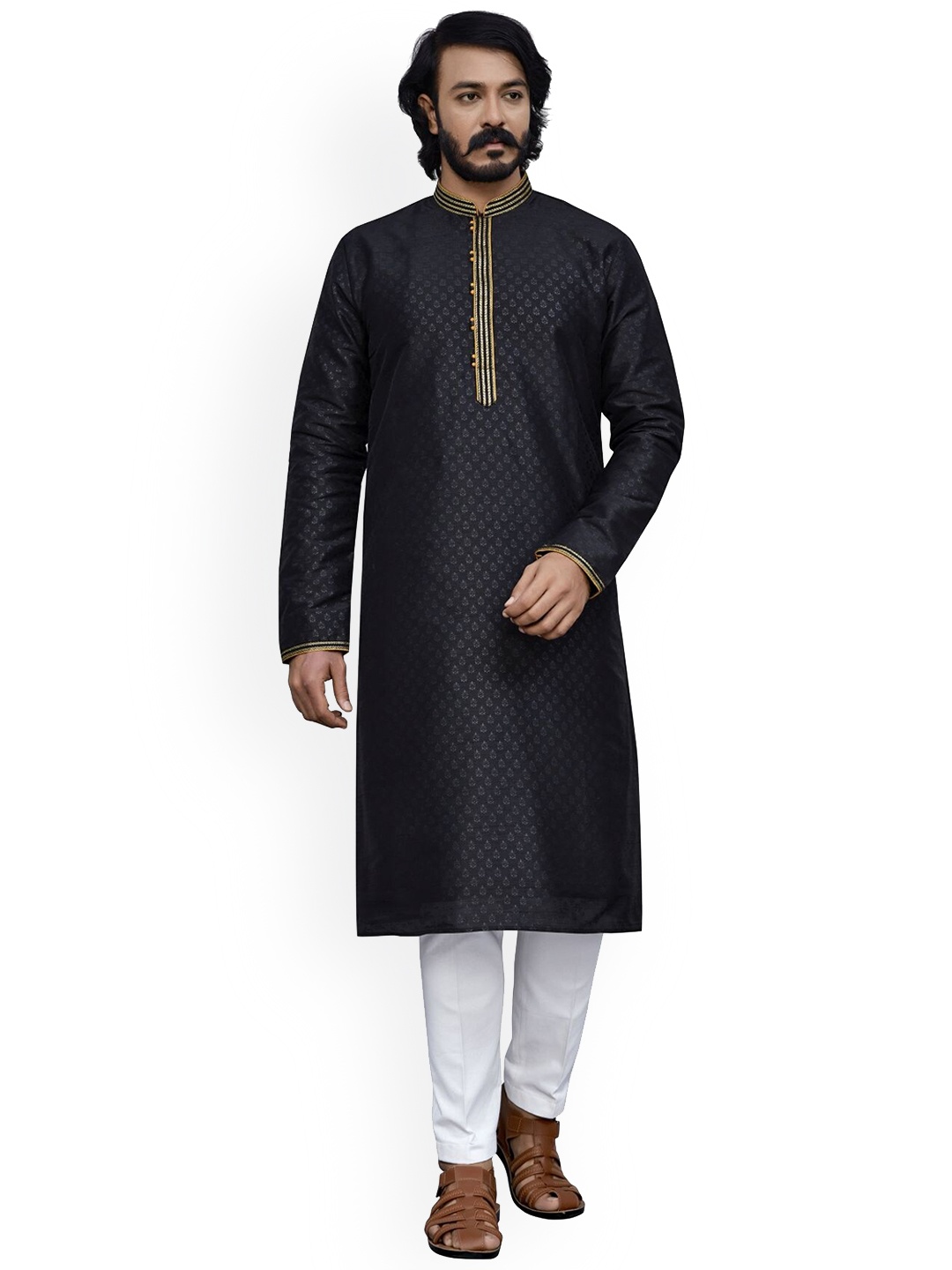 

INDIAN EPIC Men Black Thread Work Jacquard Handloom Kurta