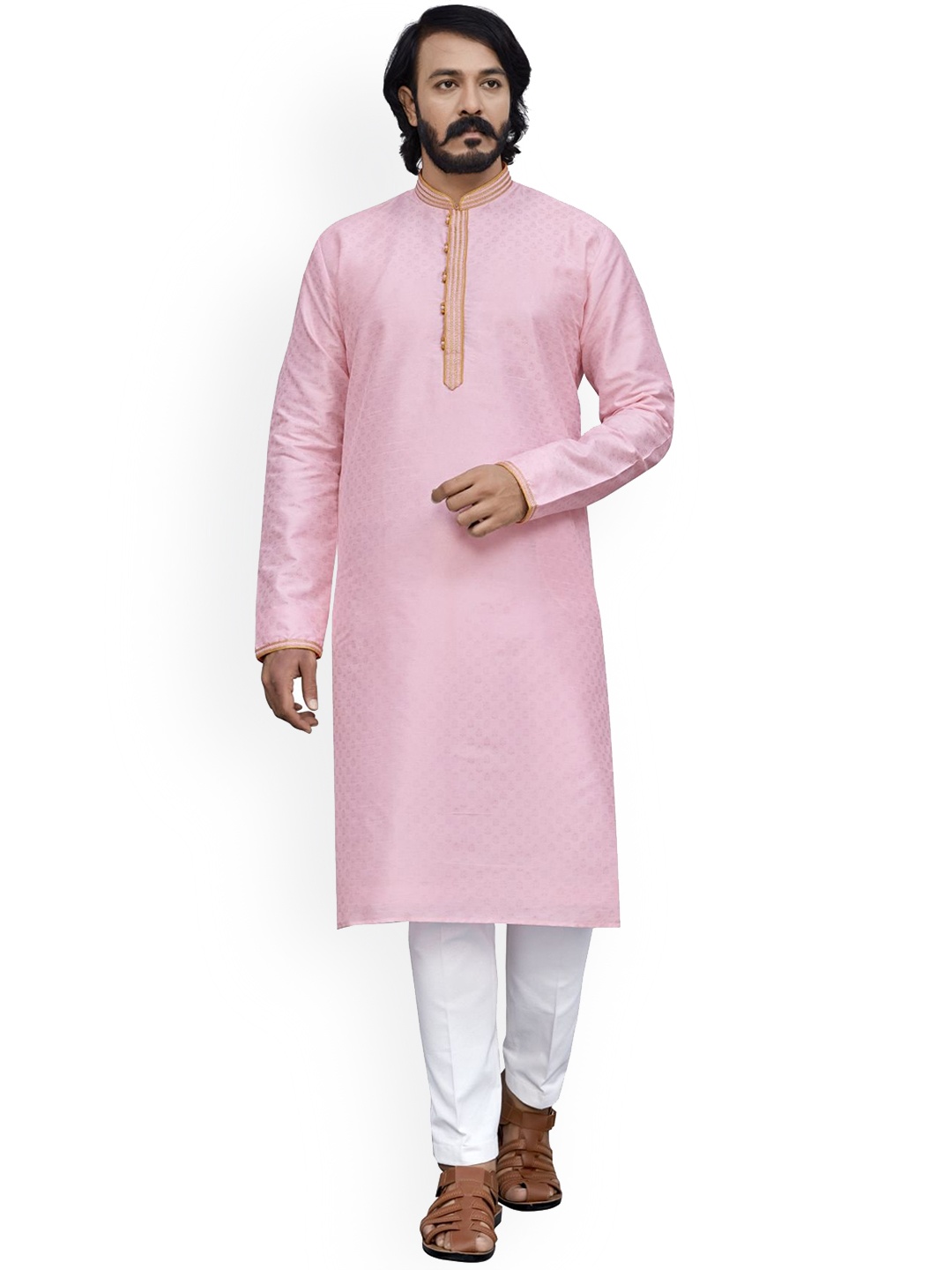 

INDIAN EPIC Men Pink Yoke Design Thread Work Jacquard Handloom Kurta