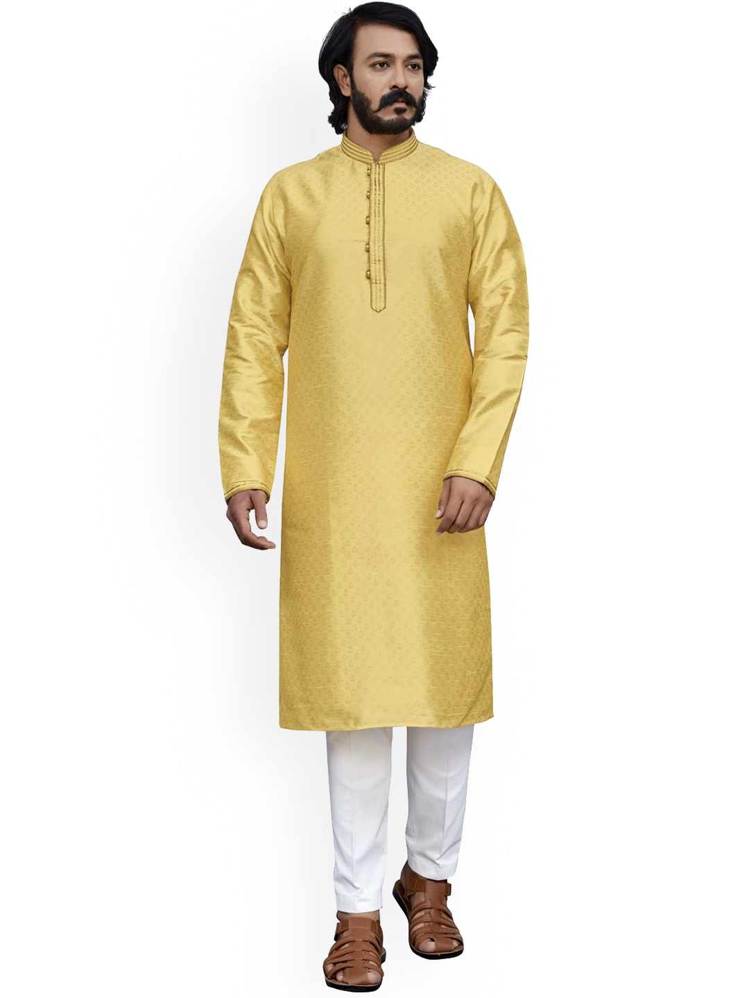 

INDIAN EPIC Men Yellow Ethnic Motifs Woven Design Straight Fit Kurta