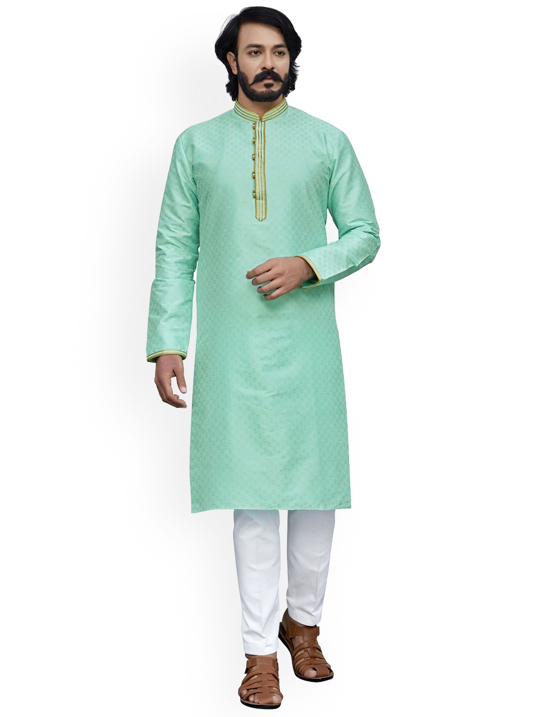 

INDIAN EPIC Men Sea Green Thread Work Jacquard Handloom Kurta