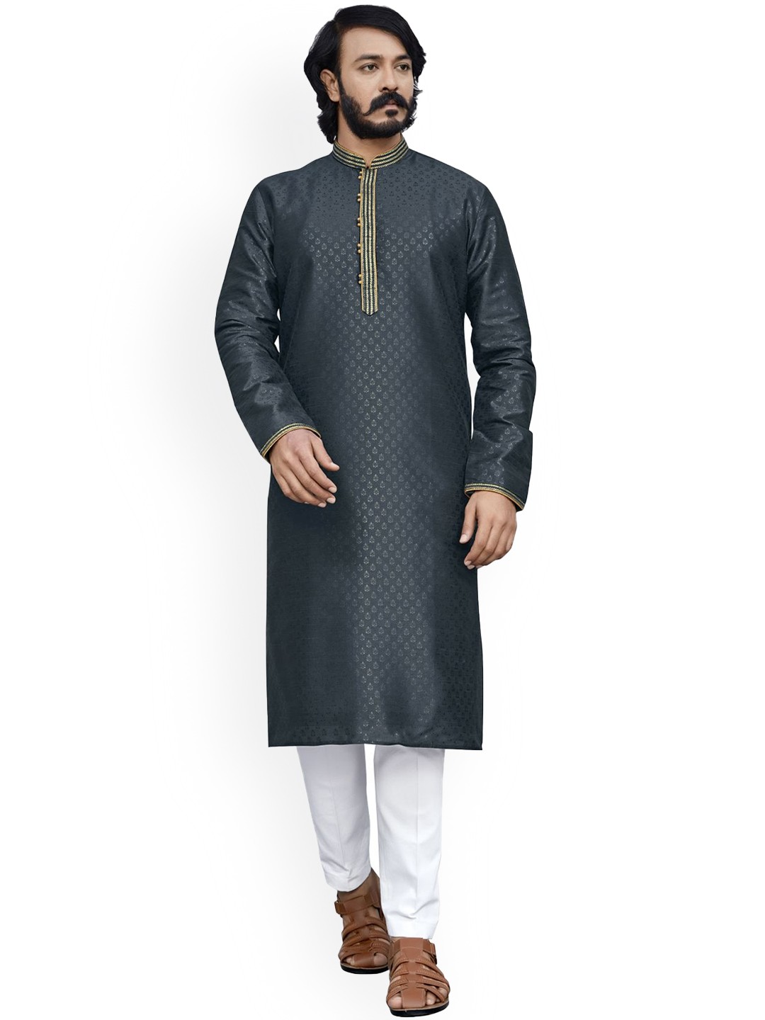 

INDIAN EPIC Men Grey Embroidered Thread Work Jacquard Handloom Kurta