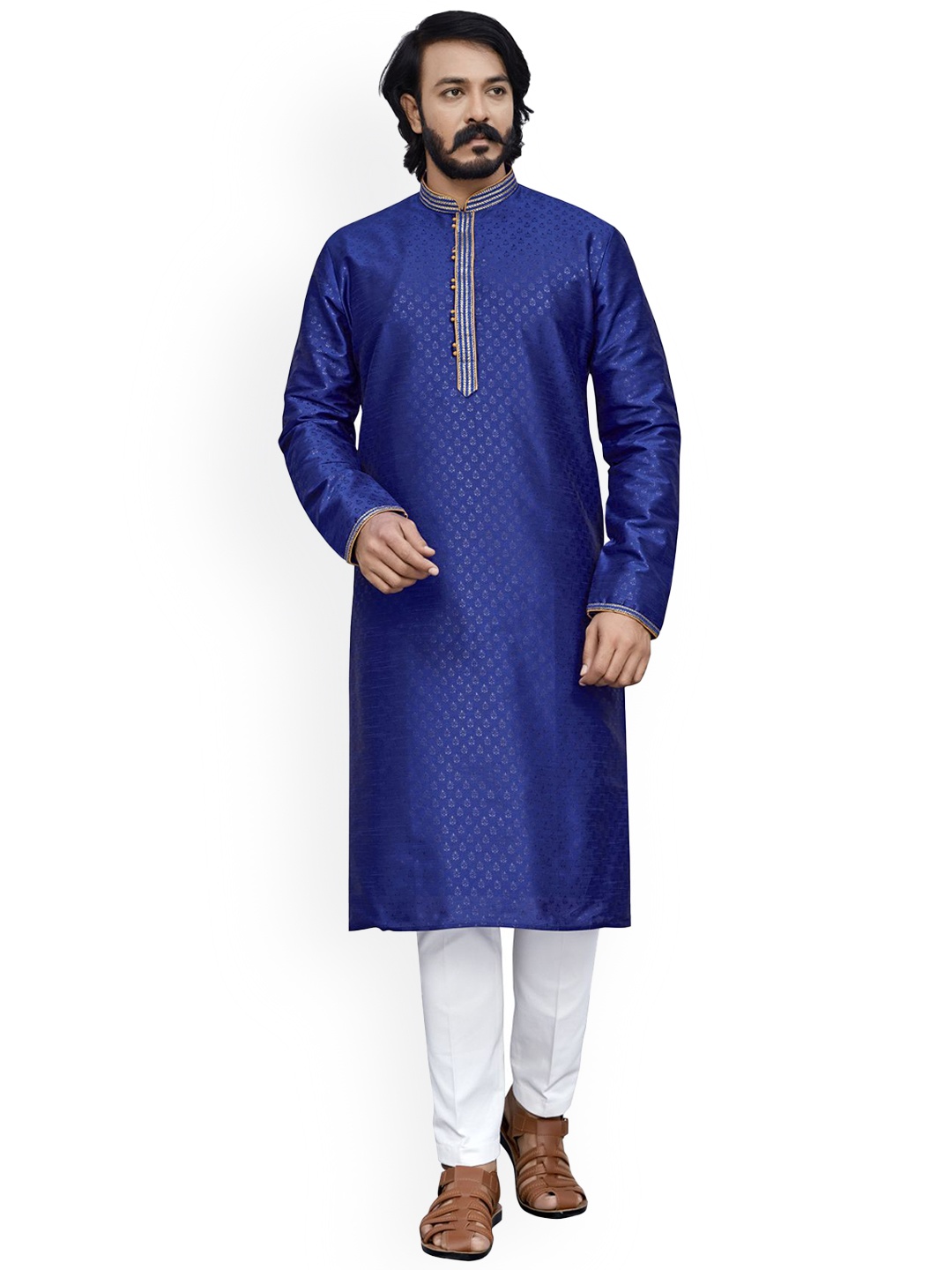 

INDIAN EPIC Men Blue Ethnic Motifs Woven Design Straight Fit Cotton Silk Kurta