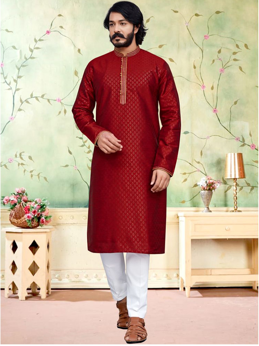 

INDIAN EPIC Men Red Thread Work Jacquard Handloom Kurta