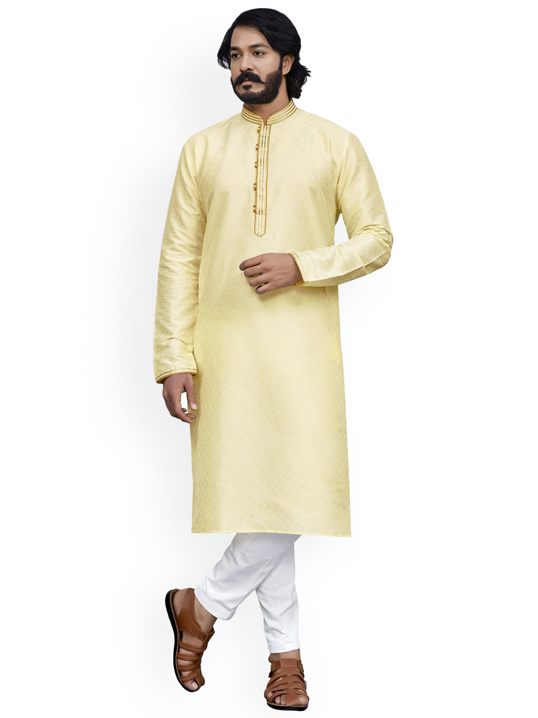

INDIAN EPIC Men Gold-Toned Ethnic Motifs Woven Design Straight Fit Cotton Silk Kurta