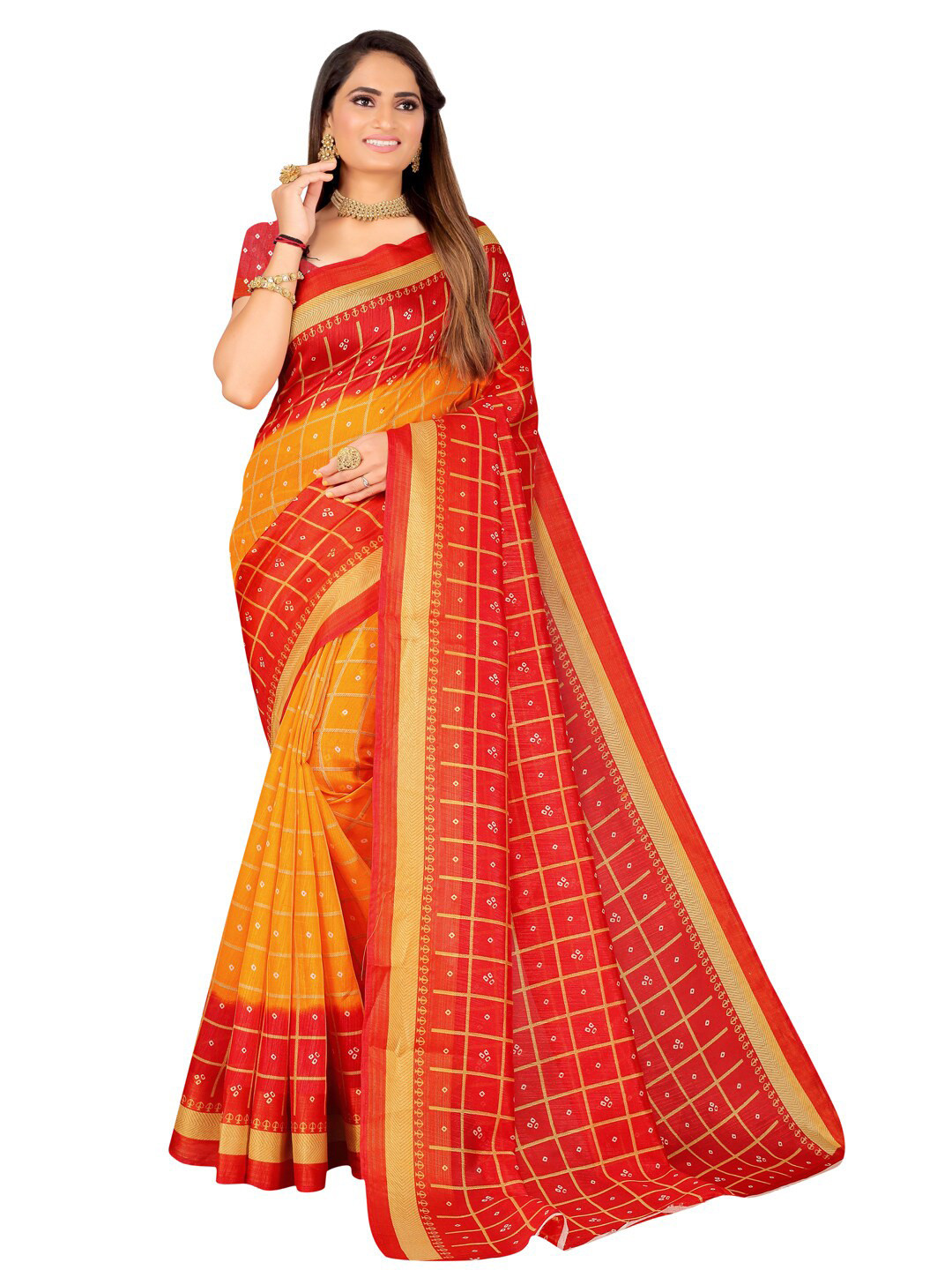 

SAADHVI Yellow & Red Art Silk Bandhani Saree