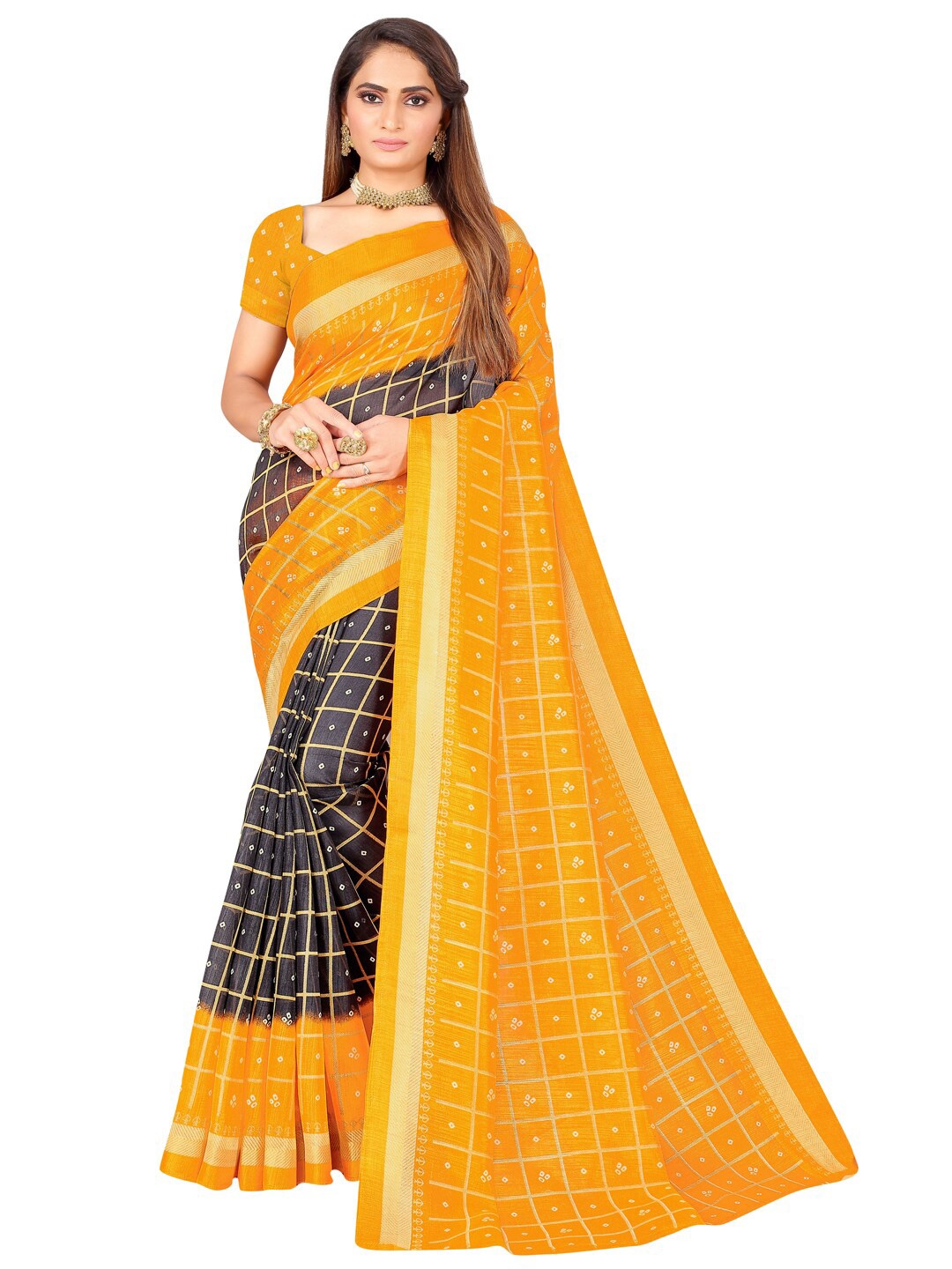 

SAADHVI Black & Mustard Checked Art Silk Bandhani Saree