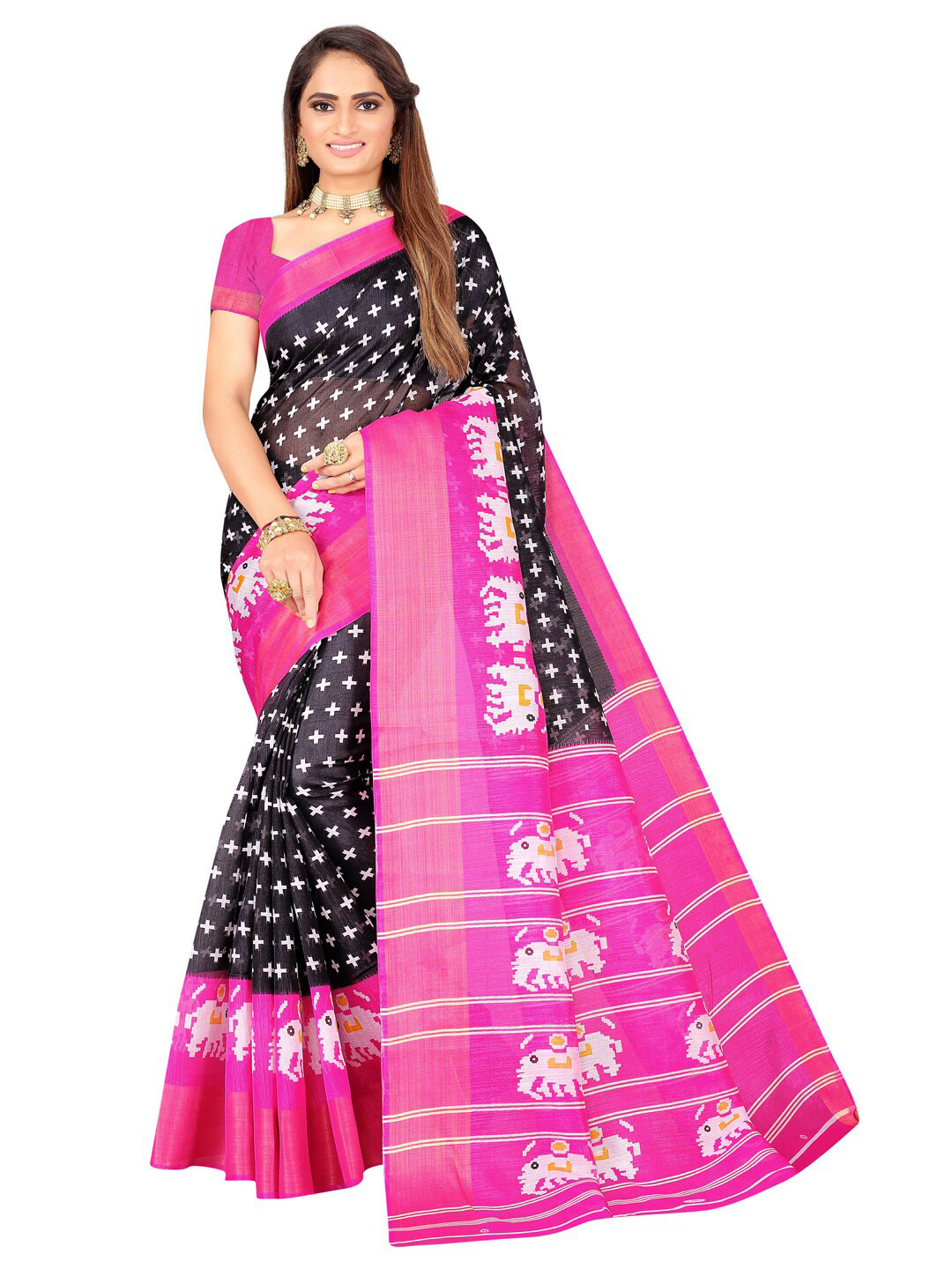 

SAADHVI Black & Pink Printed Zari Art Silk Bhagalpuri Saree