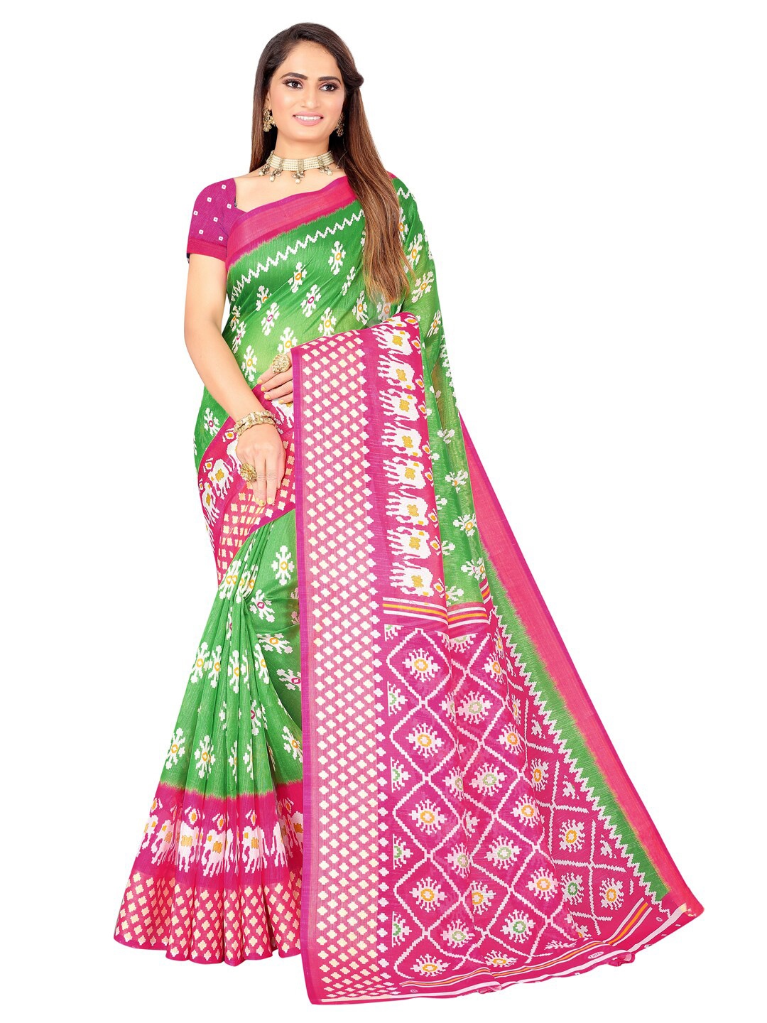 

SAADHVI Women Ethnic Motifs Art Silk Bhagalpuri Saree, Green