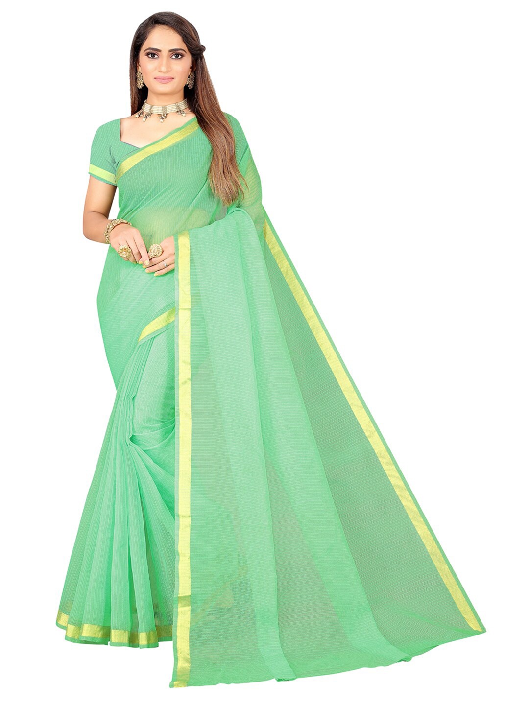 

SAADHVI Green & Gold-Toned Striped Art Silk Saree
