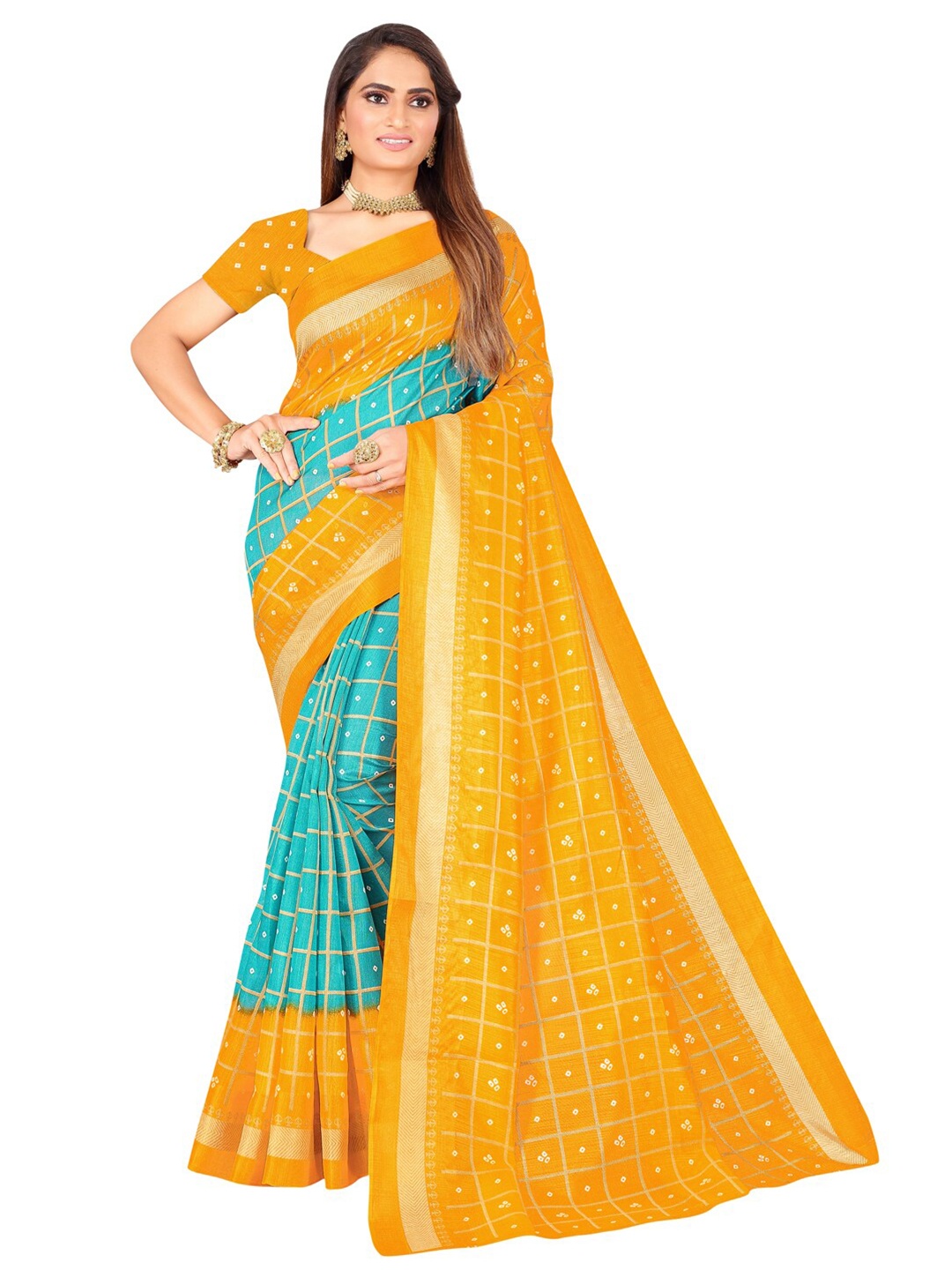 

SAADHVI Checked Art Silk Bandhani Saree, Green