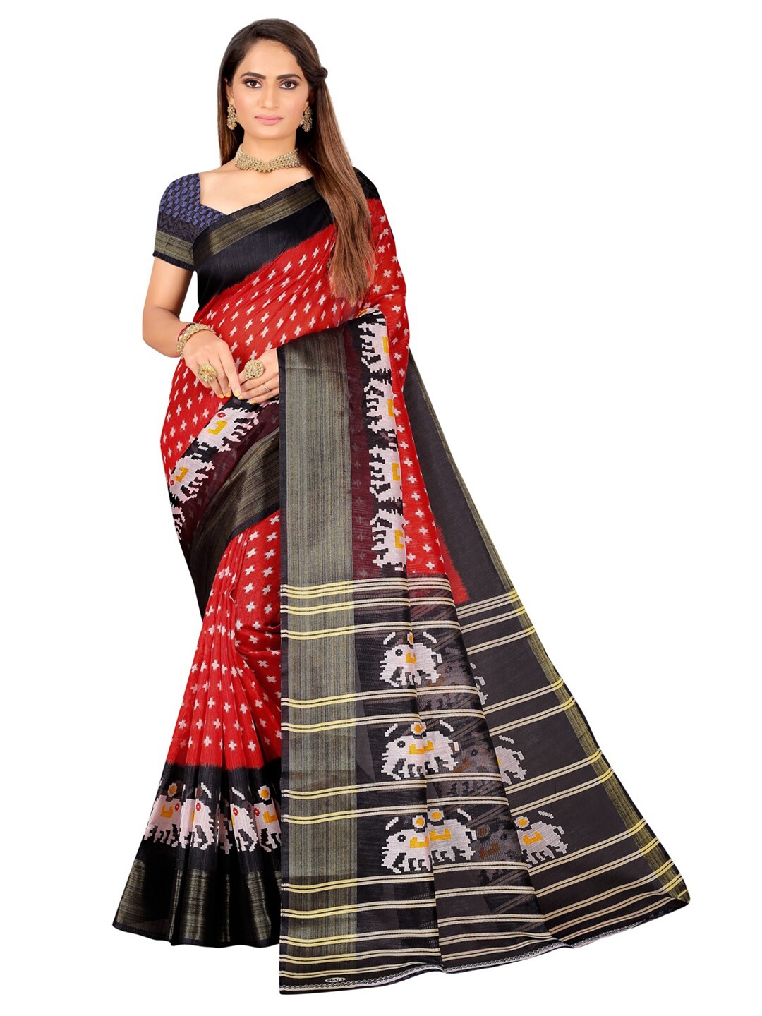 

SAADHVI Woman Ethnic Motifs Zari Art Silk Ikat Saree, Red