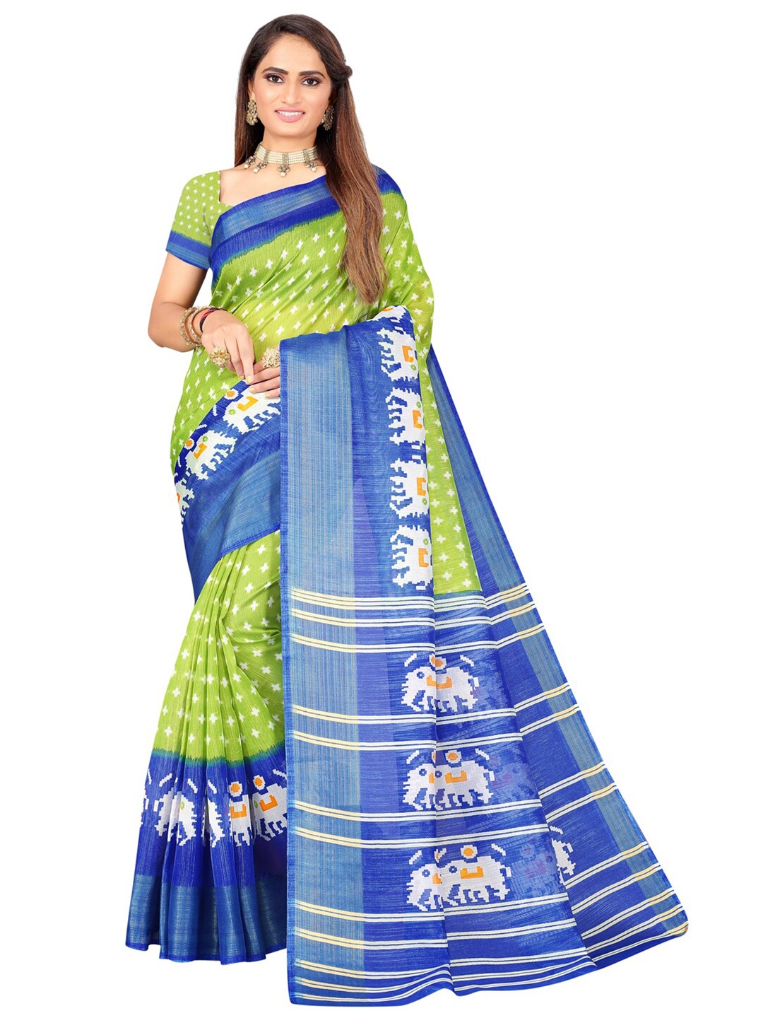 

SAADHVI Green & Navy Blue Ethnic Motifs Zari Art Silk Ikat Saree