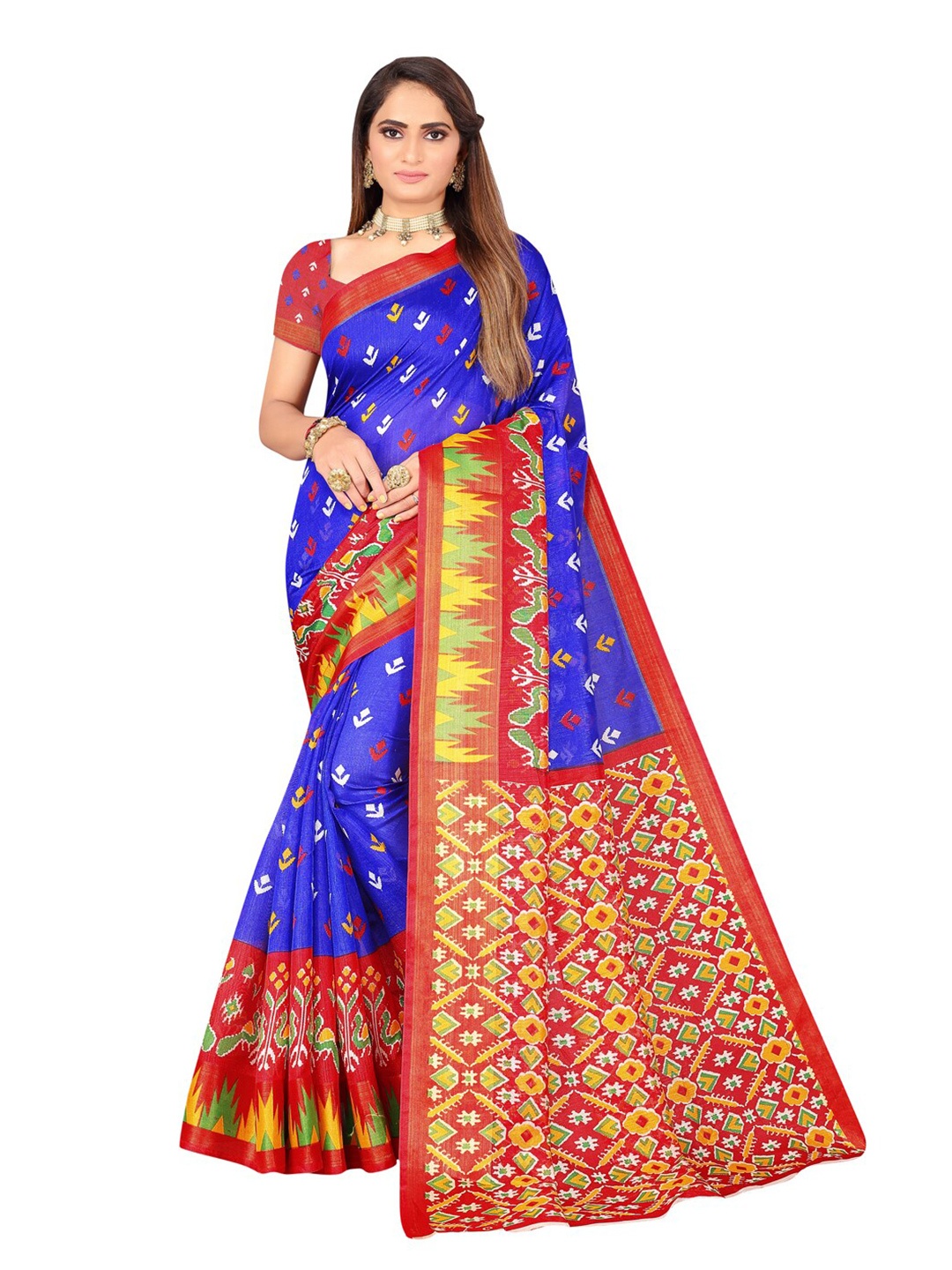 

SAADHVI Blue & Red Ethnic Motifs Zari Art Silk Ikat Saree