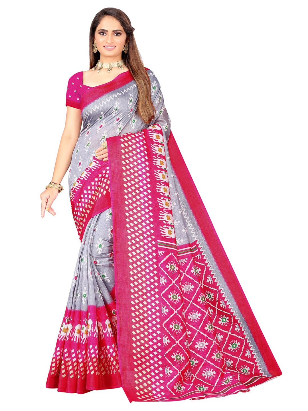 

SAADHVI Grey & Pink Ethnic Motifs Zari Art Silk Ikat Saree