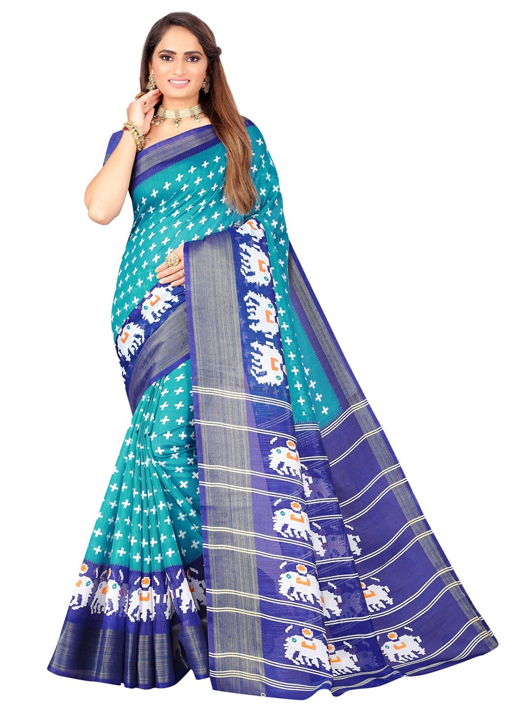 

SAADHVI Turquoise Blue & Purple Ethnic Motifs Zari Art Silk Ikat Saree