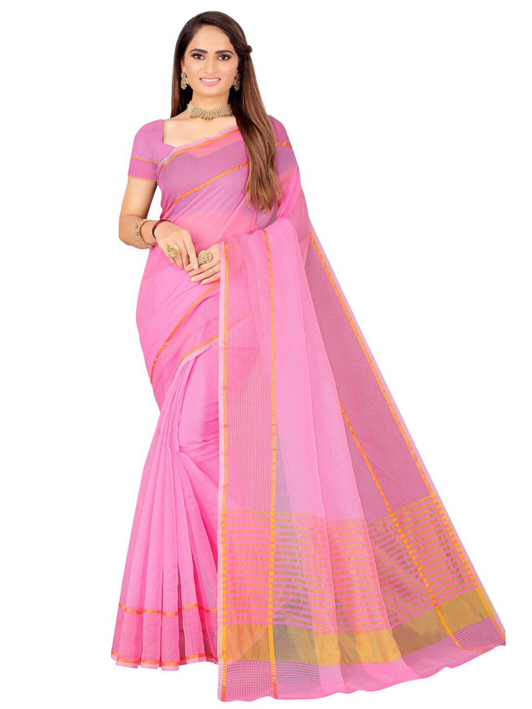 

SAADHVI Pink & Gold-Toned Zari Solid Art Silk Saree