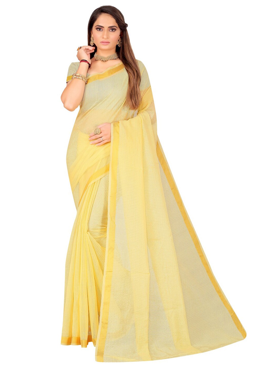 

SAADHVI Yellow & Gold-Toned Zari Art Silk Saree