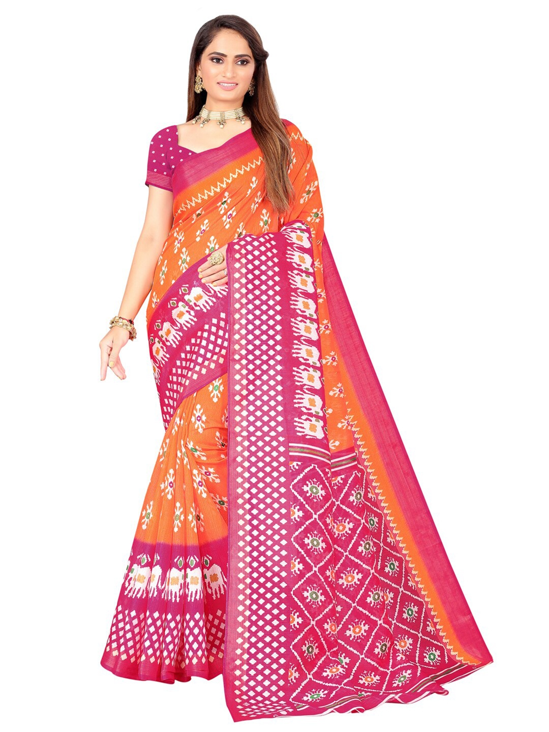 

SAADHVI Orange & White Ethnic Motifs Art Silk Ikat Saree