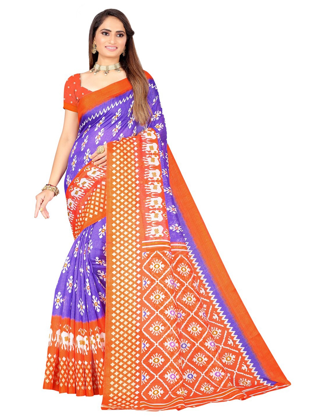 

SAADHVI Purple & Orange Ethnic Motifs Zari Art Silk Ikat Saree