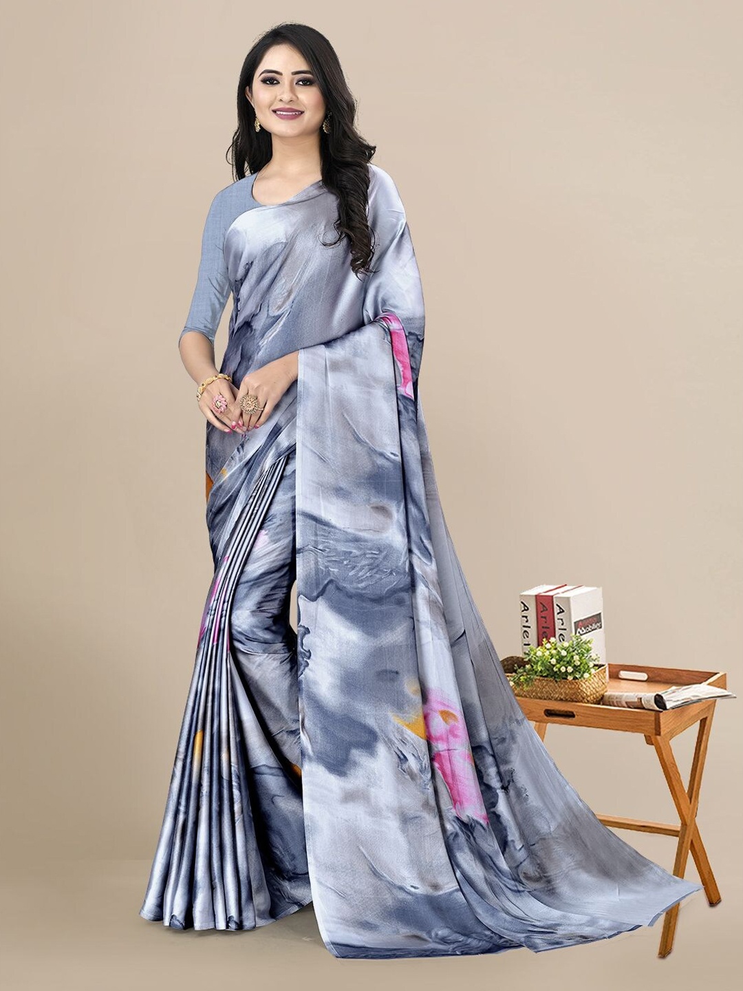 

KALINI Grey & Mustard Printed Satin Pochampally Saree