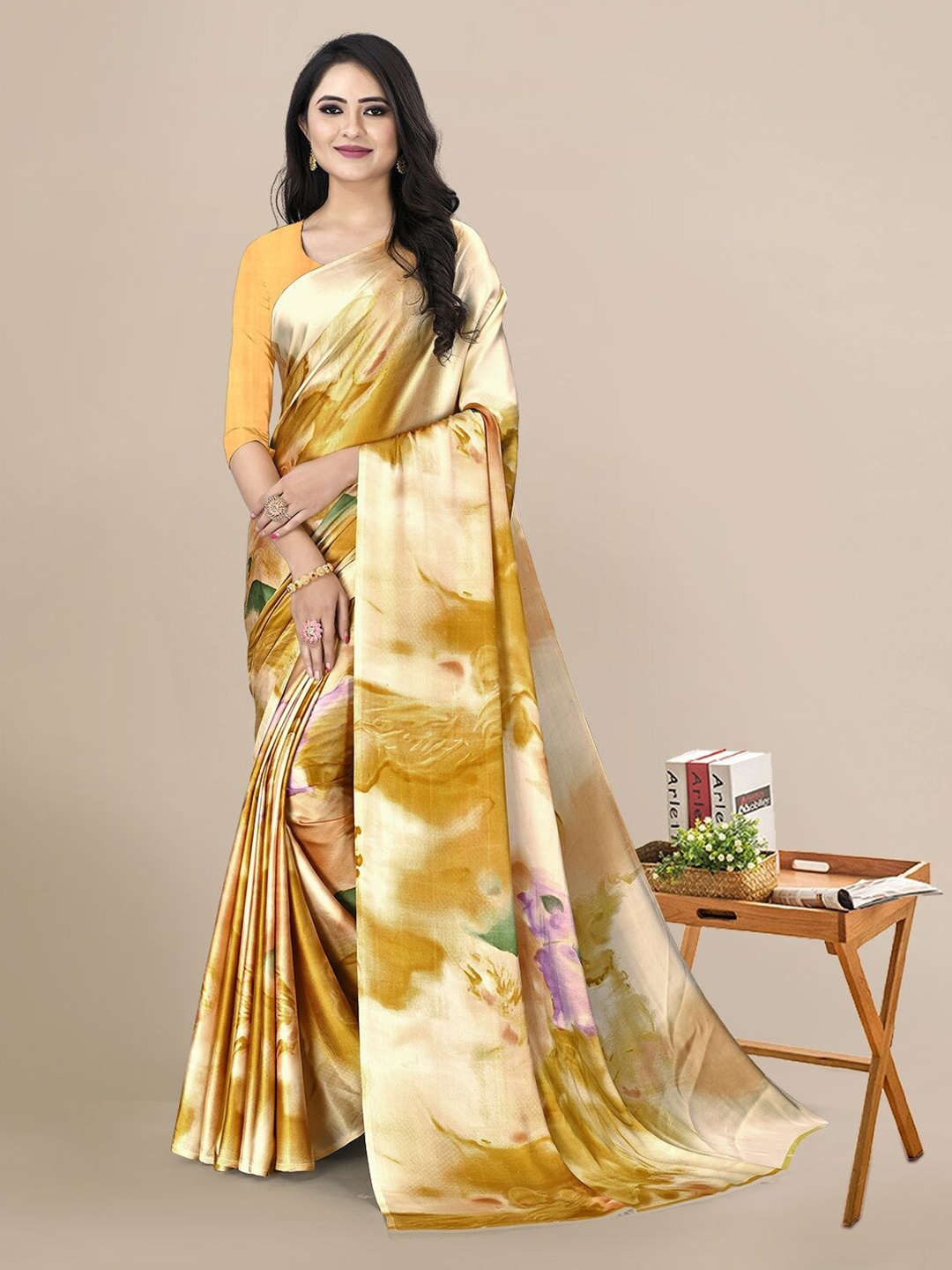 

KALINI Mustard & Green Abstract Printed Satin Saree With Unstitched Blouse