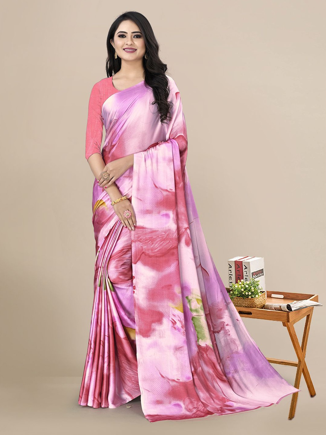 

KALINI Tie and Dye Satin Saree, Pink
