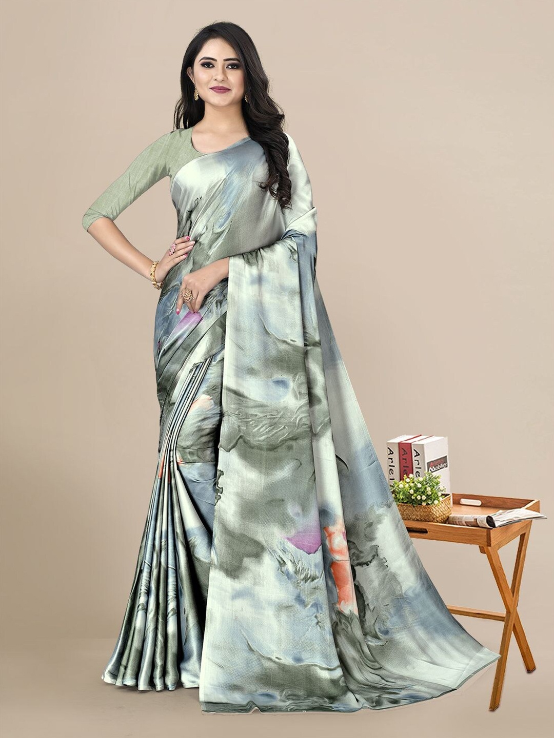 

KALINI Fluorescent Green & Blue Tie and Dye Satin Pochampally Saree