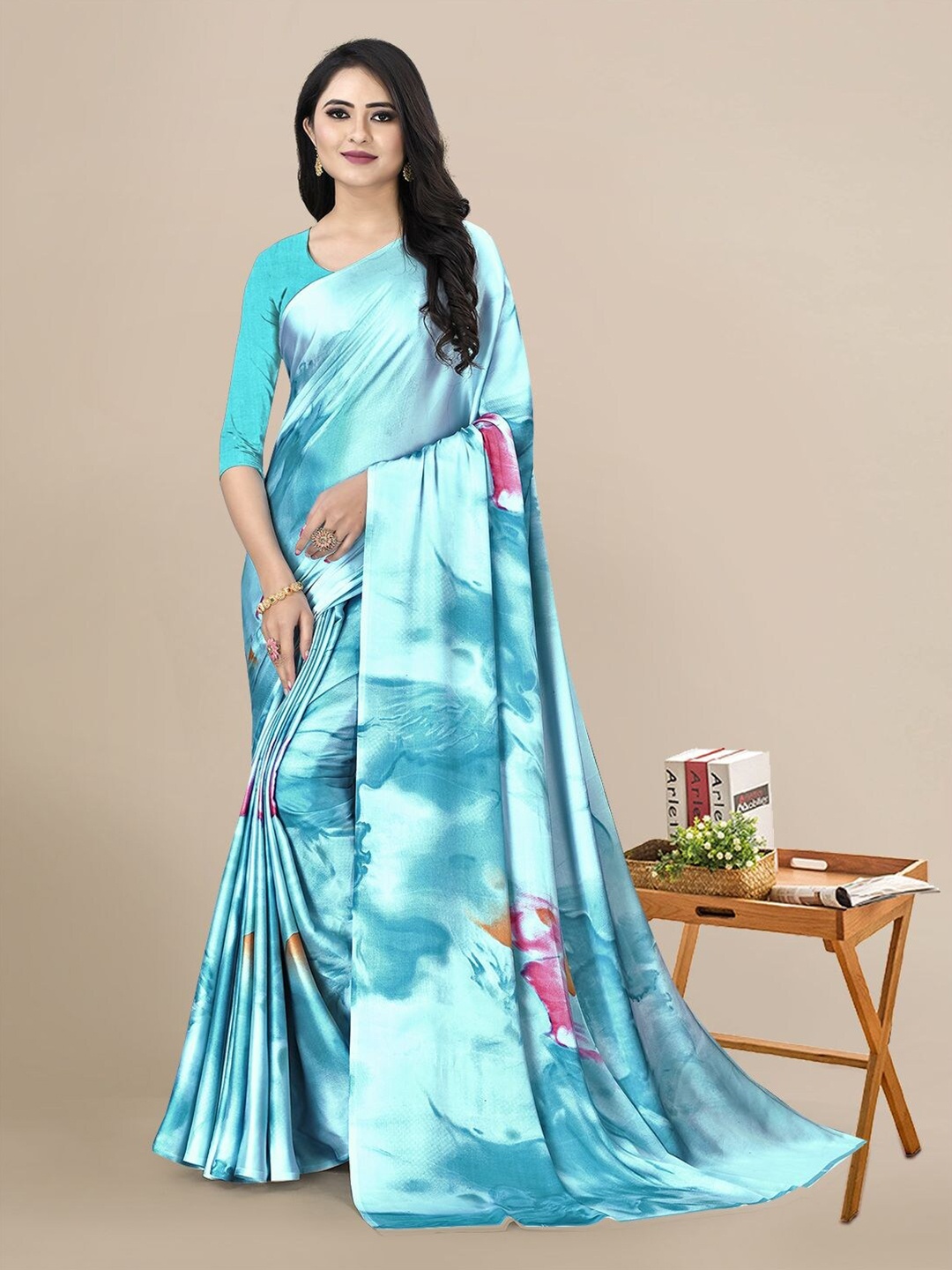 

KALINI Woman Satin Tie & Dye Saree, Teal