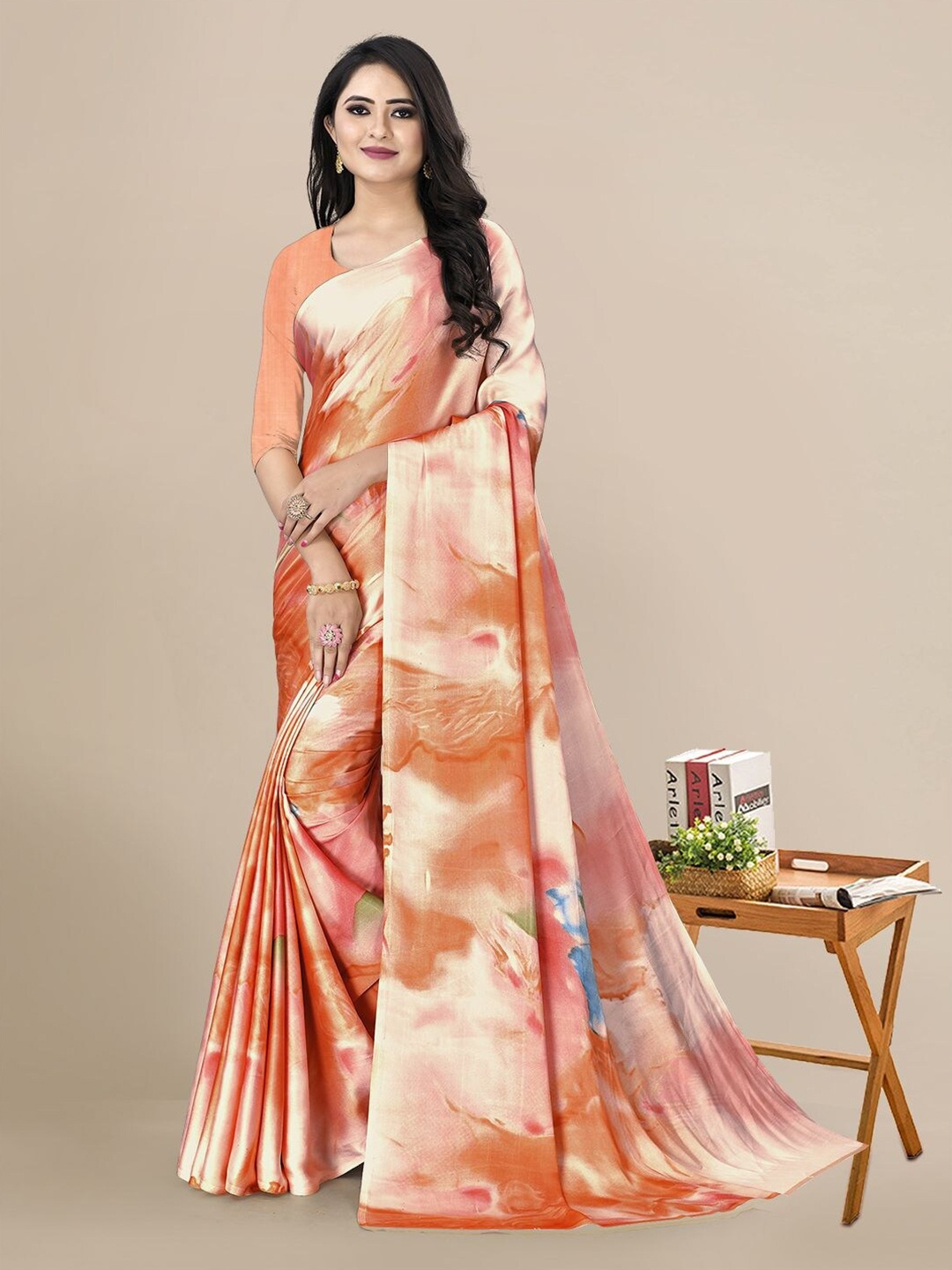 

KALINI Orange & Blue Tie and Dye Satin Pochampally Saree