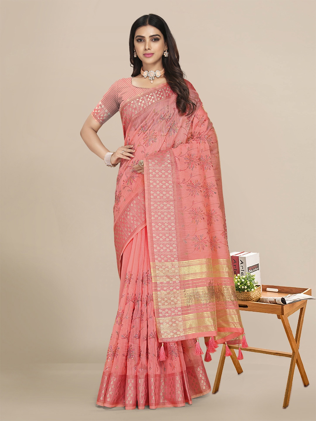 

Mitera Women Peach-Coloured & Gold-Toned Floral Zari Linen Blend Pochampally Saree