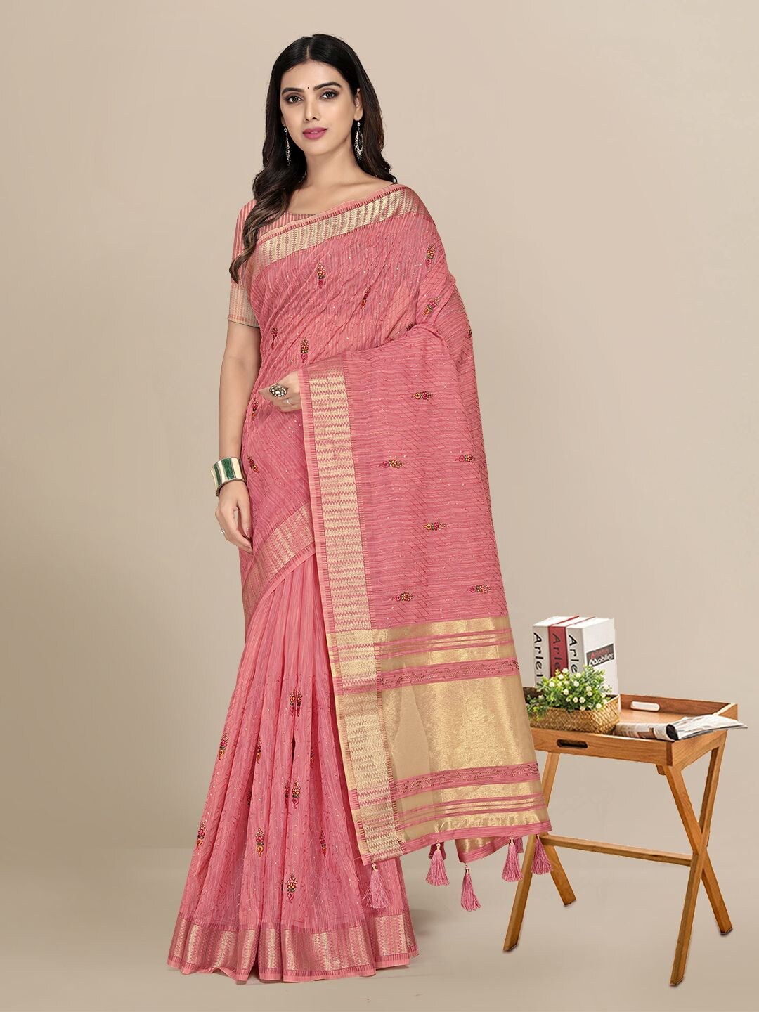 

Mitera Pink & Gold-Toned Floral Zari Pochampally Saree