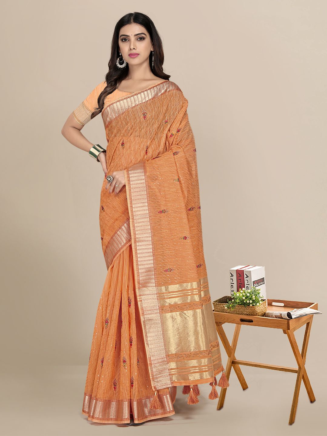

Mitera Orange & Gold-Toned Woven Design Zari Pochampally Saree